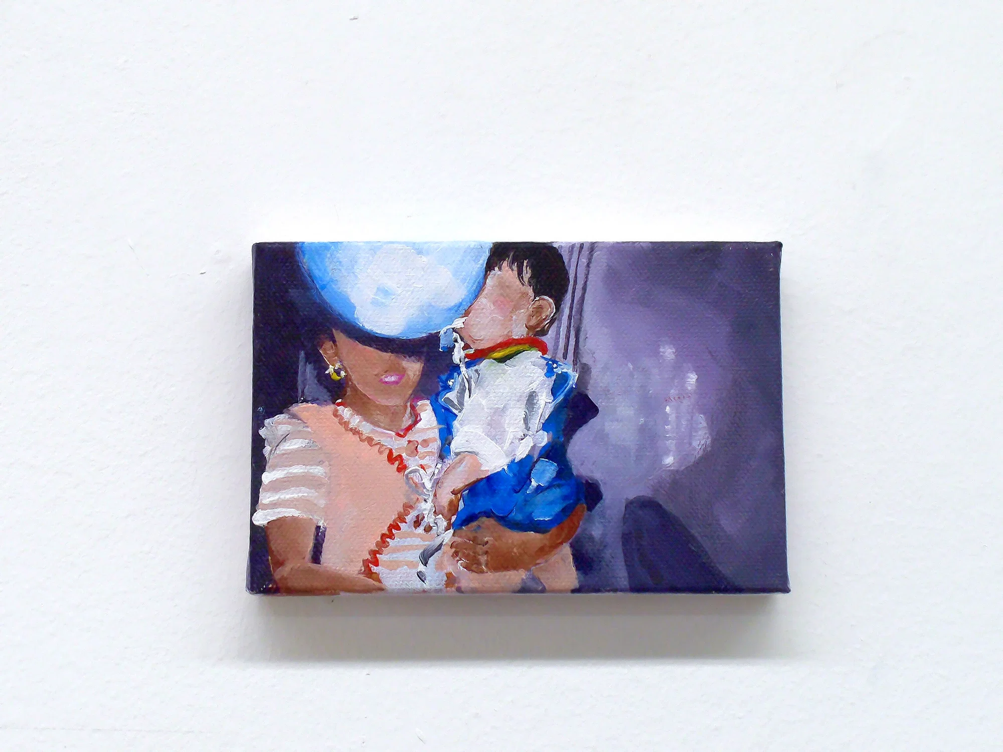 A 4 inch by 6 inch acrylic painting. The image is someone holding a toddler but the faces are obscured. There is pale blue balloon covering the girls face.
