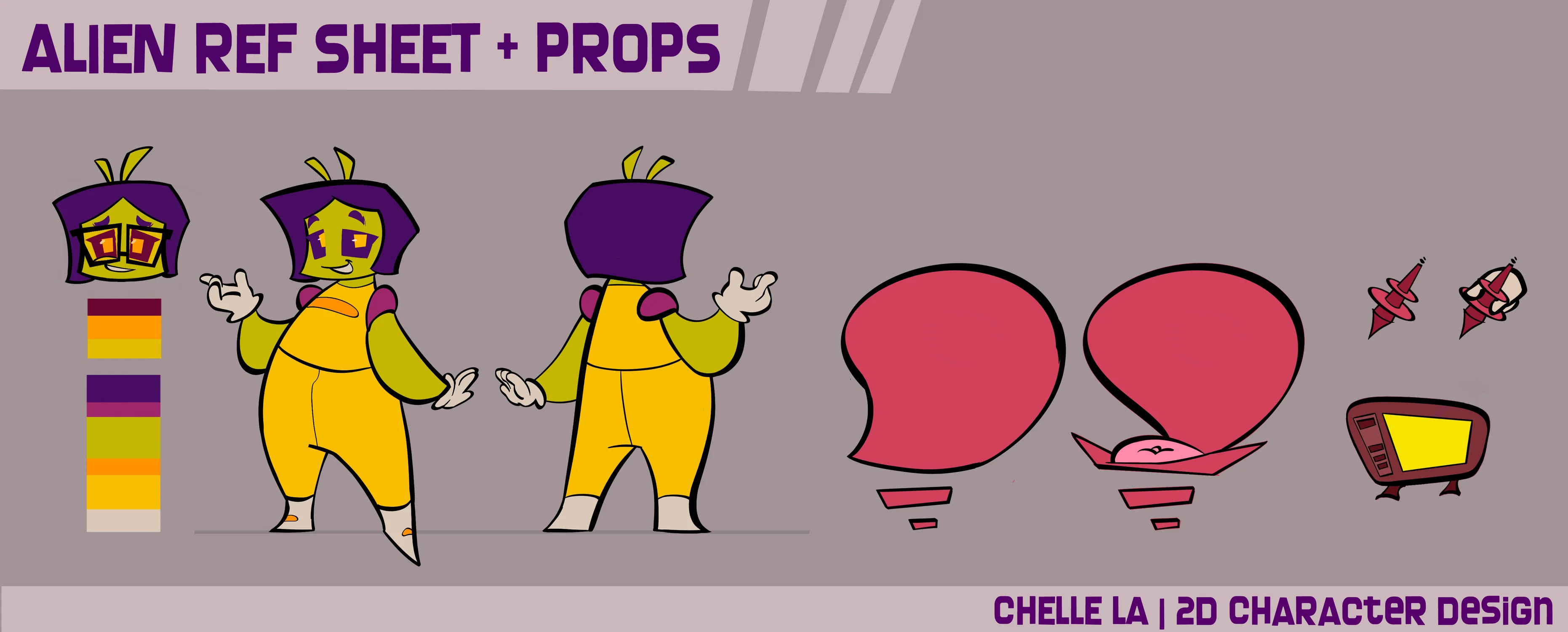 A reference sheet of an alien, a chair, a drawing tablet and a pen all designed for a specific animation project.