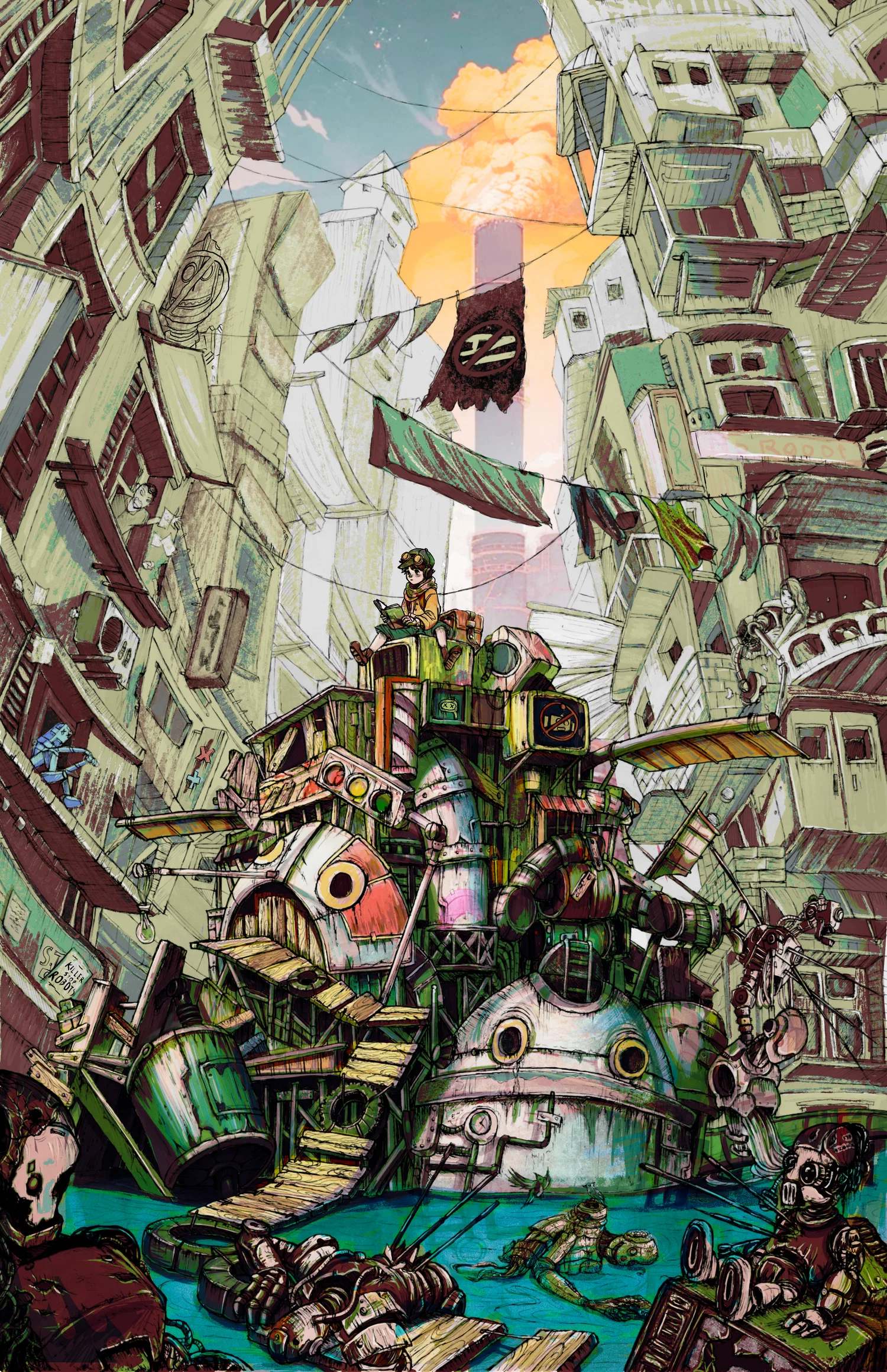 A boy sits atop a pile of discarded robots and artifacts, engrossed in a book about saving the world.