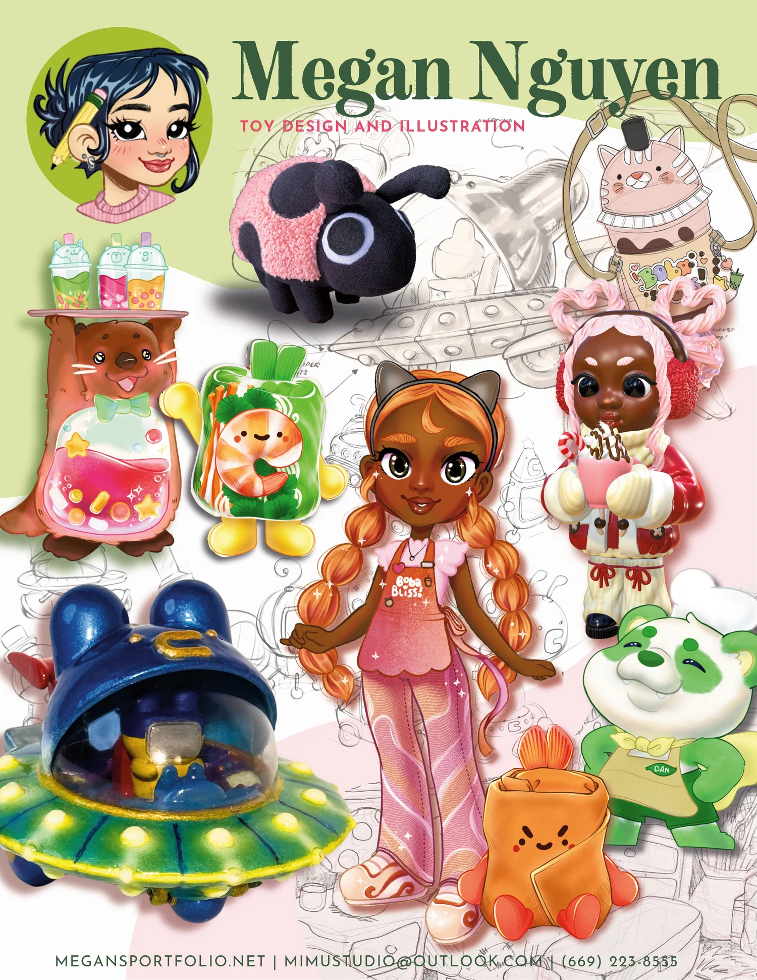 This is Megan's Promo Sheet, which showcases various toys she has designed though out her student career at Otis College of Art and Design.