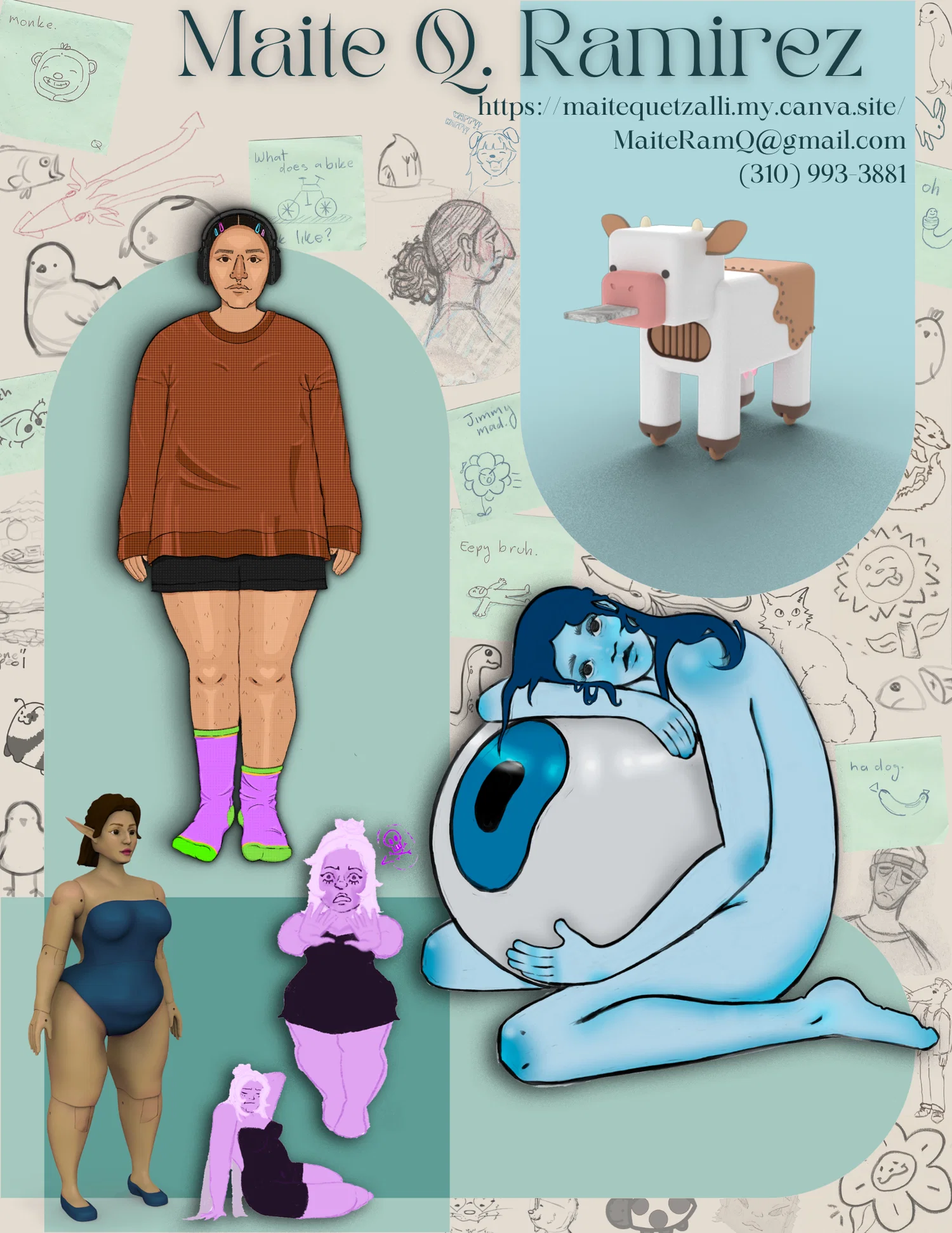 a collage of different drawings consisting a self portrait, a toy cow, a blue woman holding a giant eyeball, an elven 3d model, and a purple fairy. All layered on a soft layer of doodles.