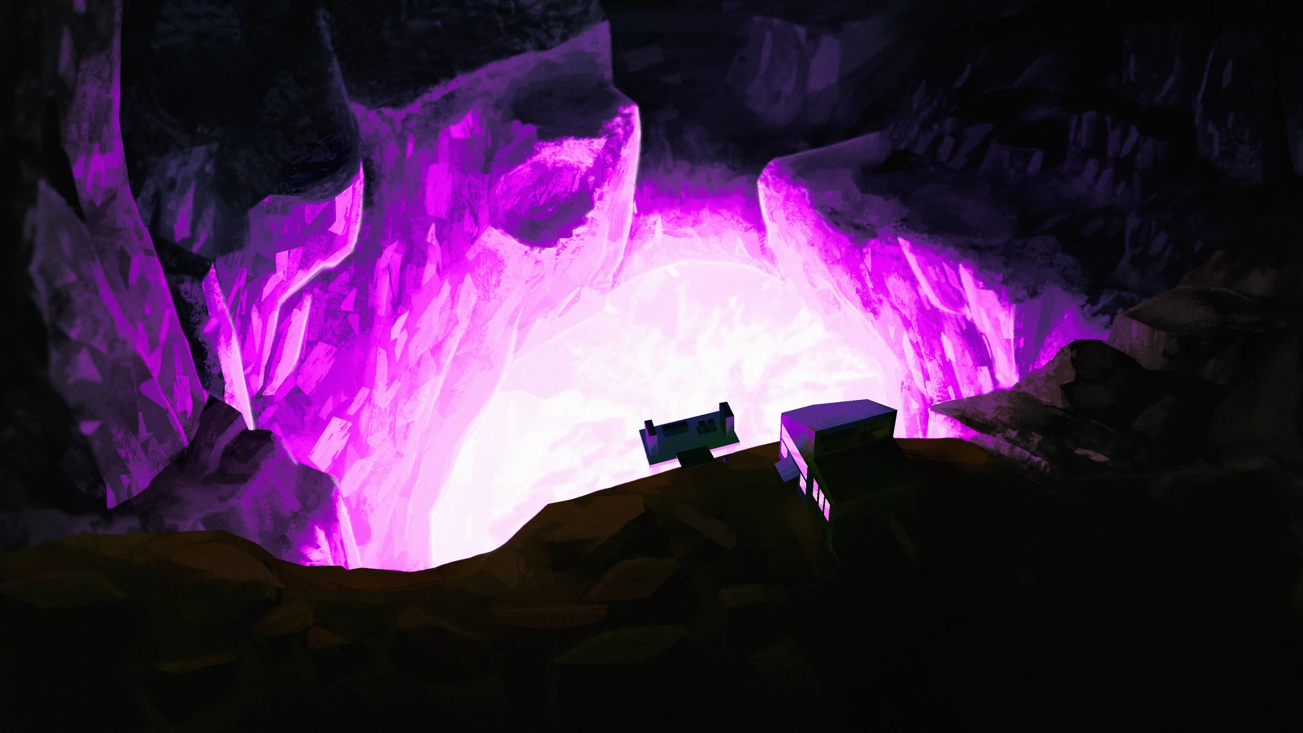 A digital painting of a birds-eye view into a cavern surrounded by very large rocks, the entrance of which is glowing bright magenta with no other light source. Closer to the viewer, there is a nondescript warehouse and freight elevator going down into the pit.