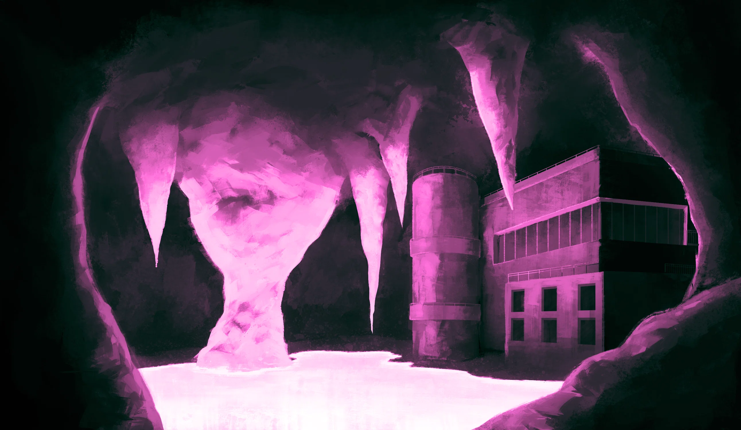 An interior shot of a cavern with a large glowing pool of water taking up the majority of the ground. There is a large natural stone column to the left, and a nondescript industrial building to the right.