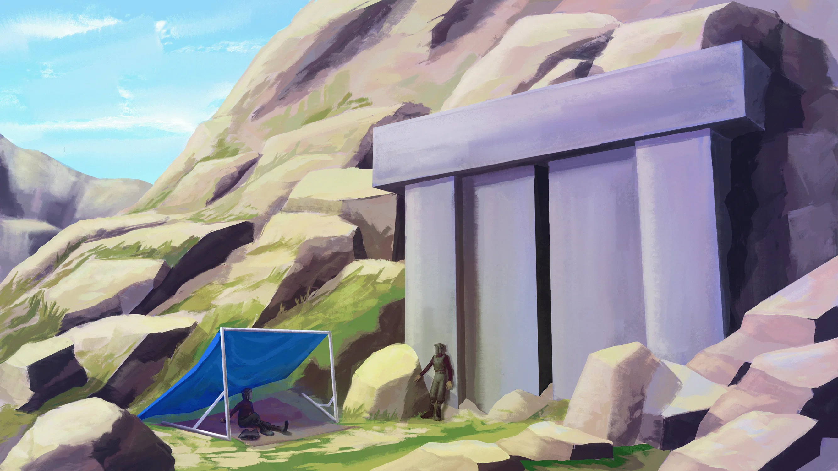 A large concrete door, slightly open, in the side of a mountain. The door is guarded by two figures in light tactical gear.