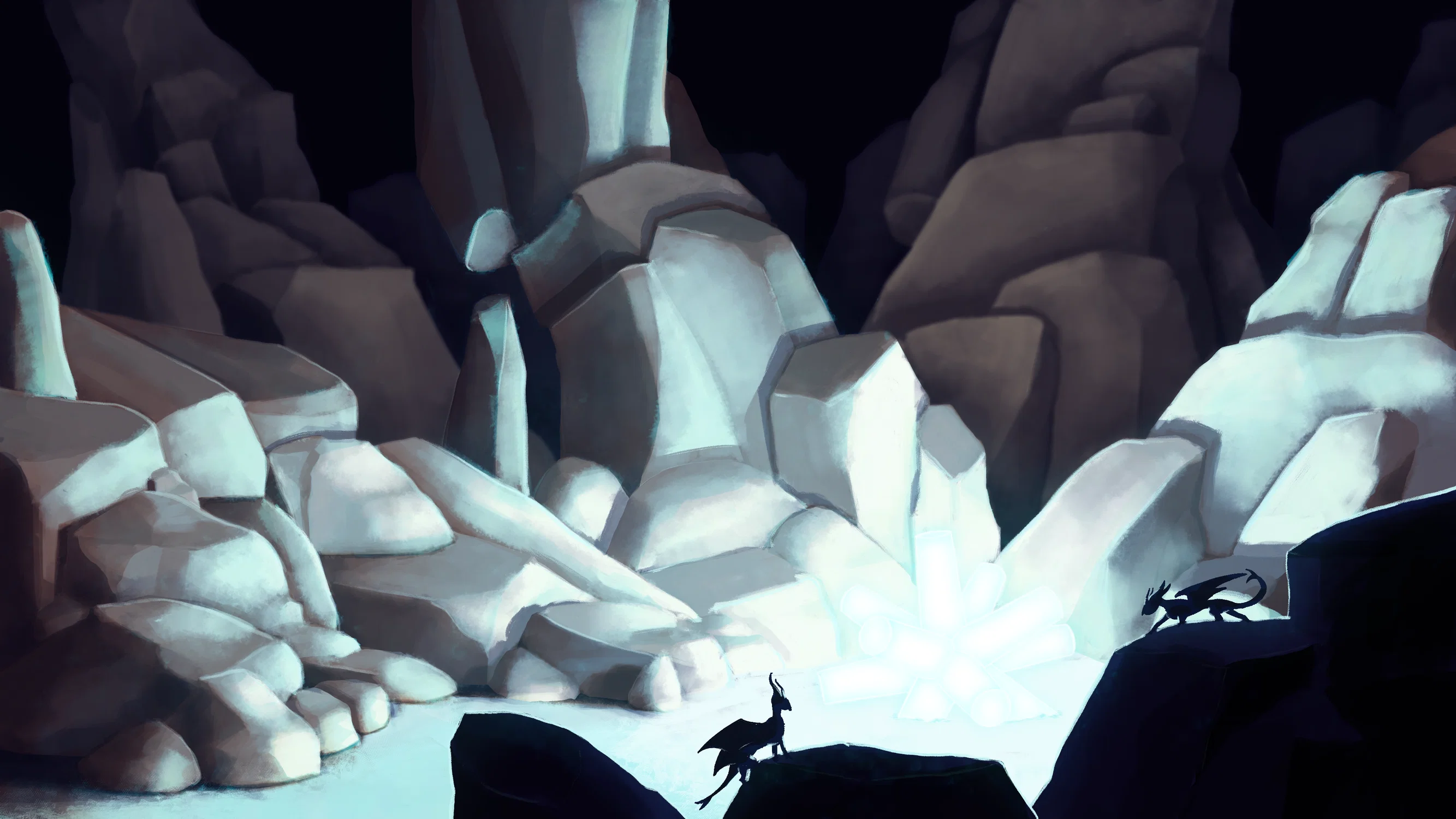 A glowing object in a small clearing surrounded by towering rocks, with very small reptilian creatures silhouetted in the foreground.