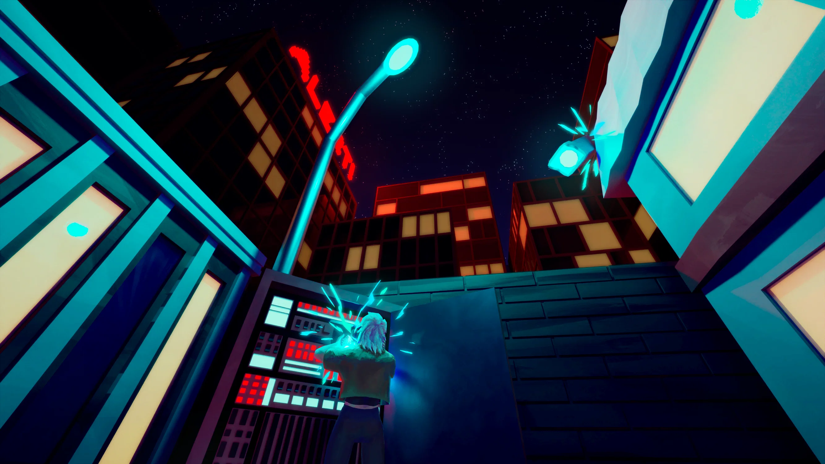 A figure messing with an electrical box in an alleyway underneath a bright cyan streetlight at night. In the background, a red ALERT sign glows over skyscrapers.