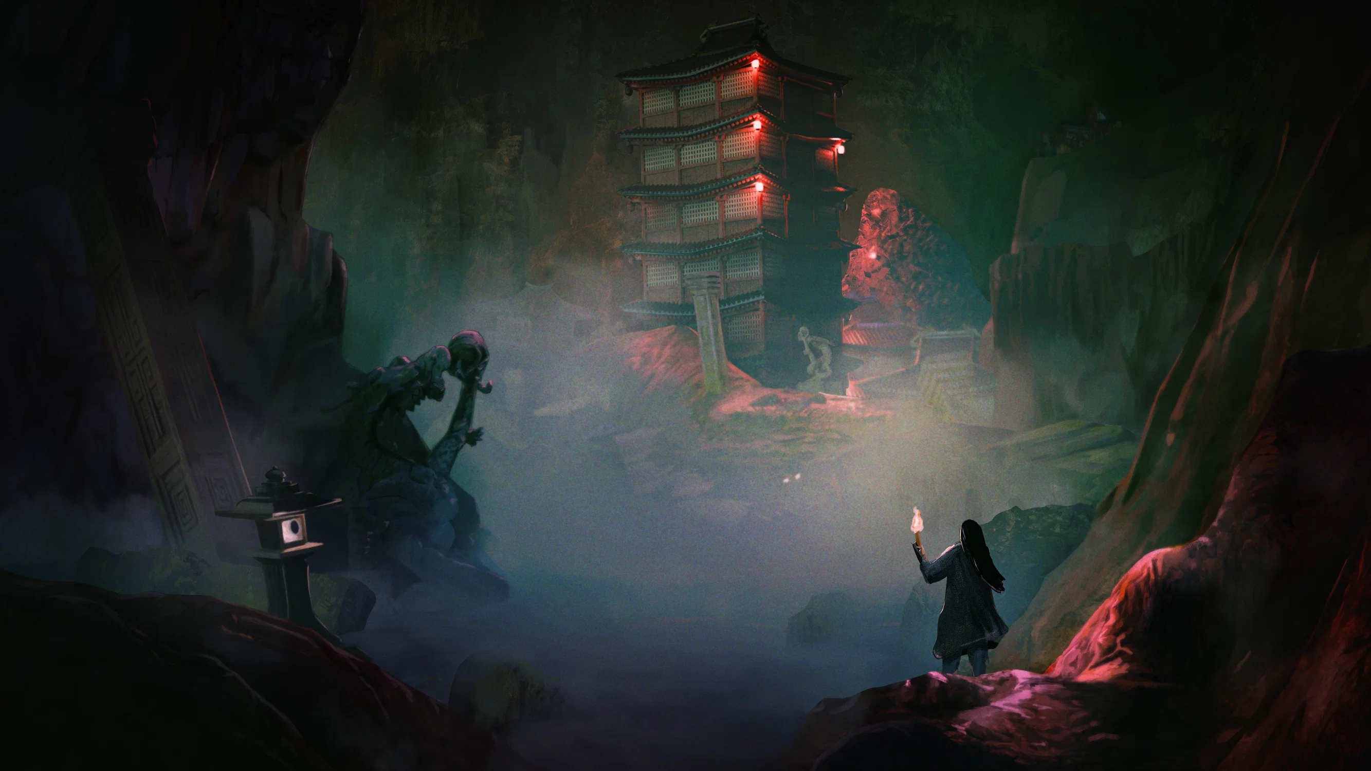 A man discovers an underground cave containing a temple.