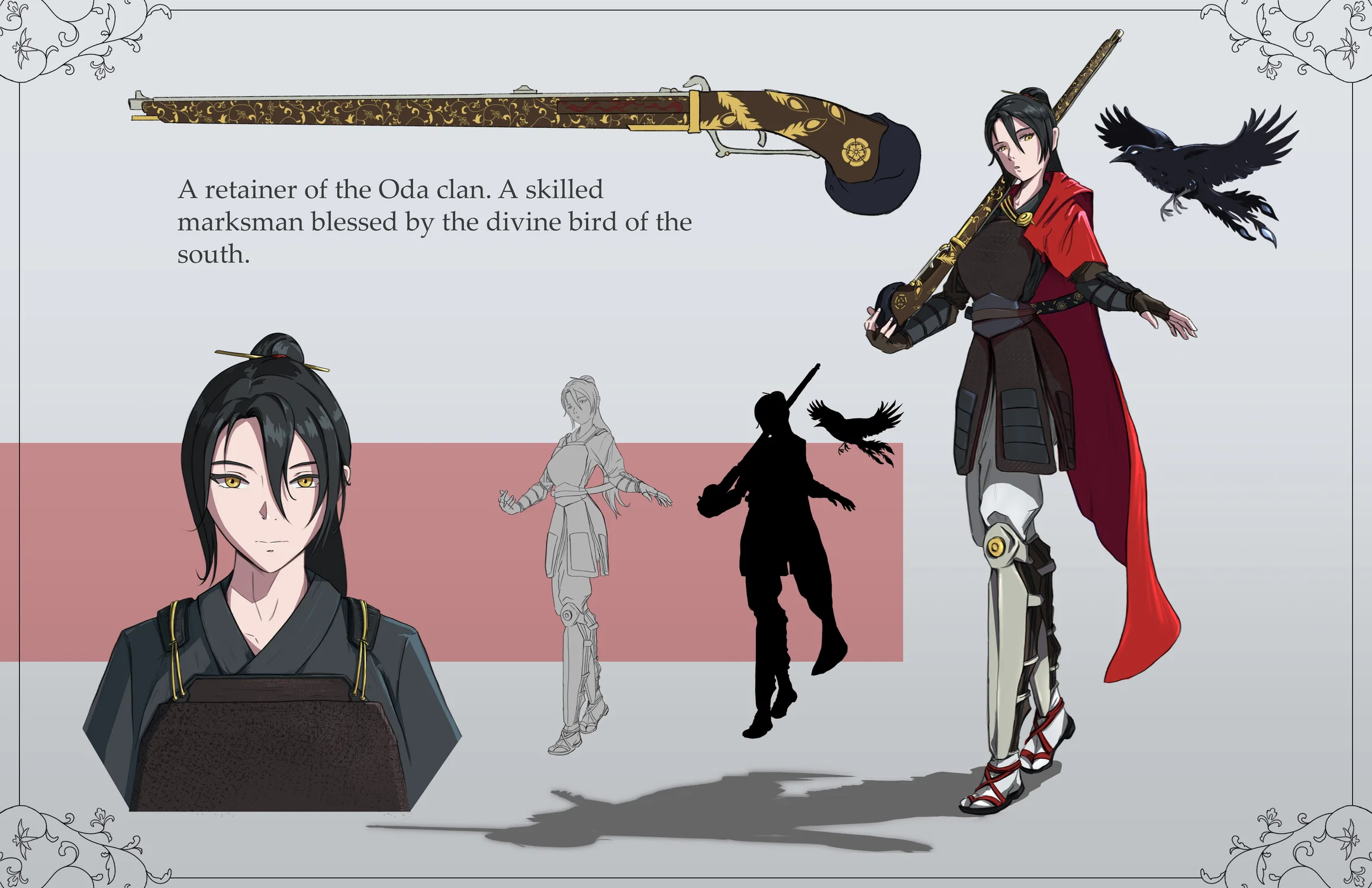 A character sheet of a female general holding a matchlock rifle.