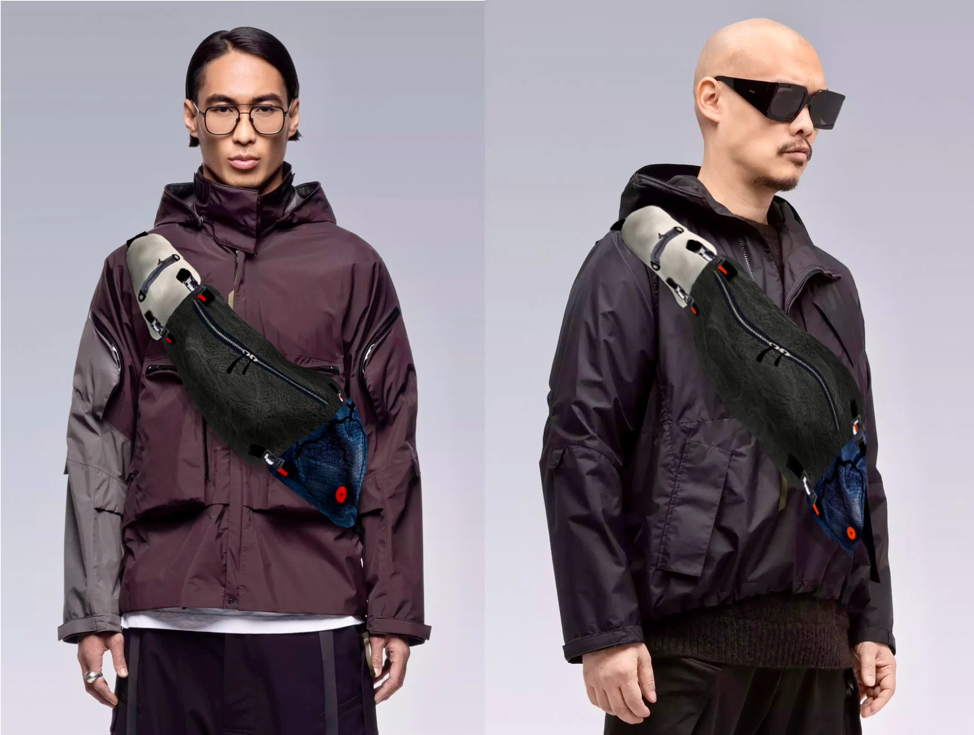The X-Swap Bag System on the body of a person. It’s a crossbody bag with 3 separate bag component that’s connected by magnetic quick release buckles. Each bag component is a different color and material, appears in orange leather, black leather and white vinyl coated waterproof leather.