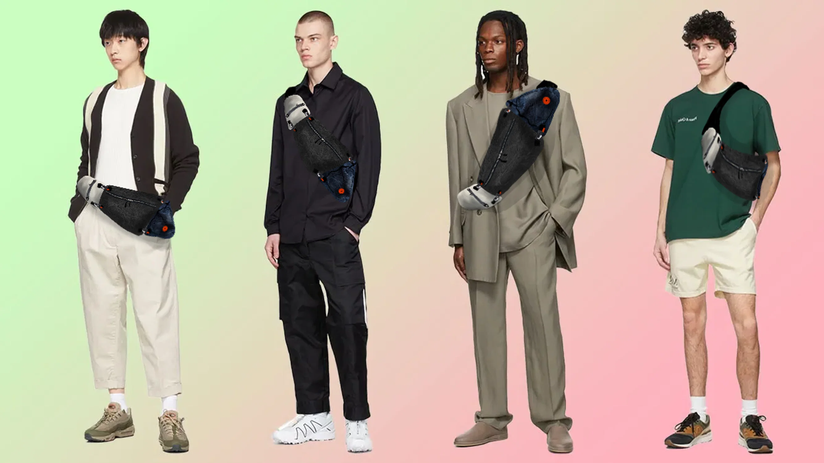 Different ways to wear the X-Swap Bag system. Featuring 3 ways: cross body, across the waist, hang off shoulder,