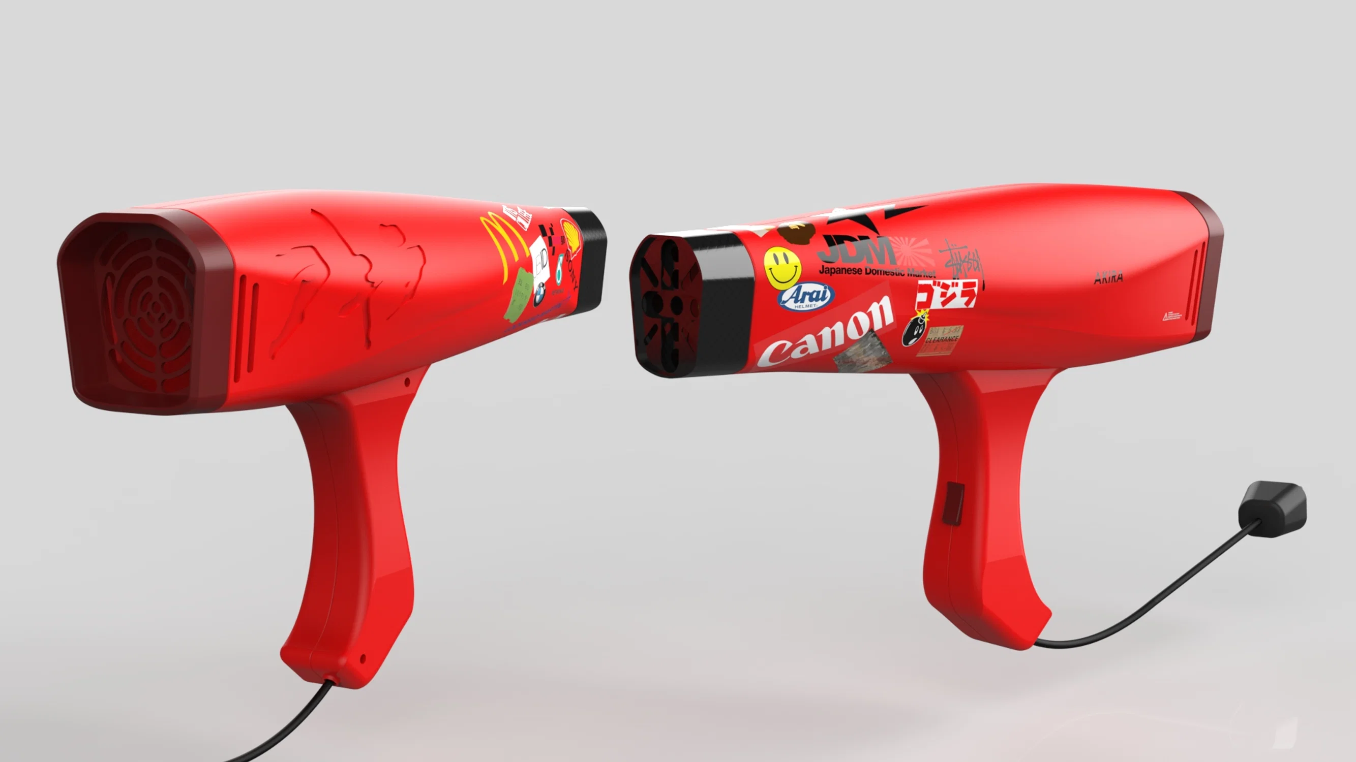 The Neo-Tokyo Hair Dryer is a hair dryer design inspired by the art and culture of the animated movie Akira. It features a red hair dryer with stickers of corporate brand like Canon and McDonalds and a cut out logo of Akira on the side of the hair dryer.