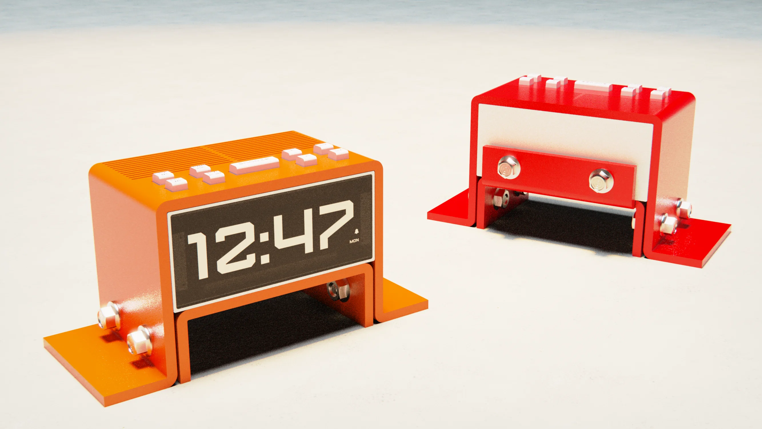 Alarm Clock Radio designed with bent powder coated sheet metal and extra large bolts to fit in with the aesthetic of Standard Equipment, a product and homewares company.