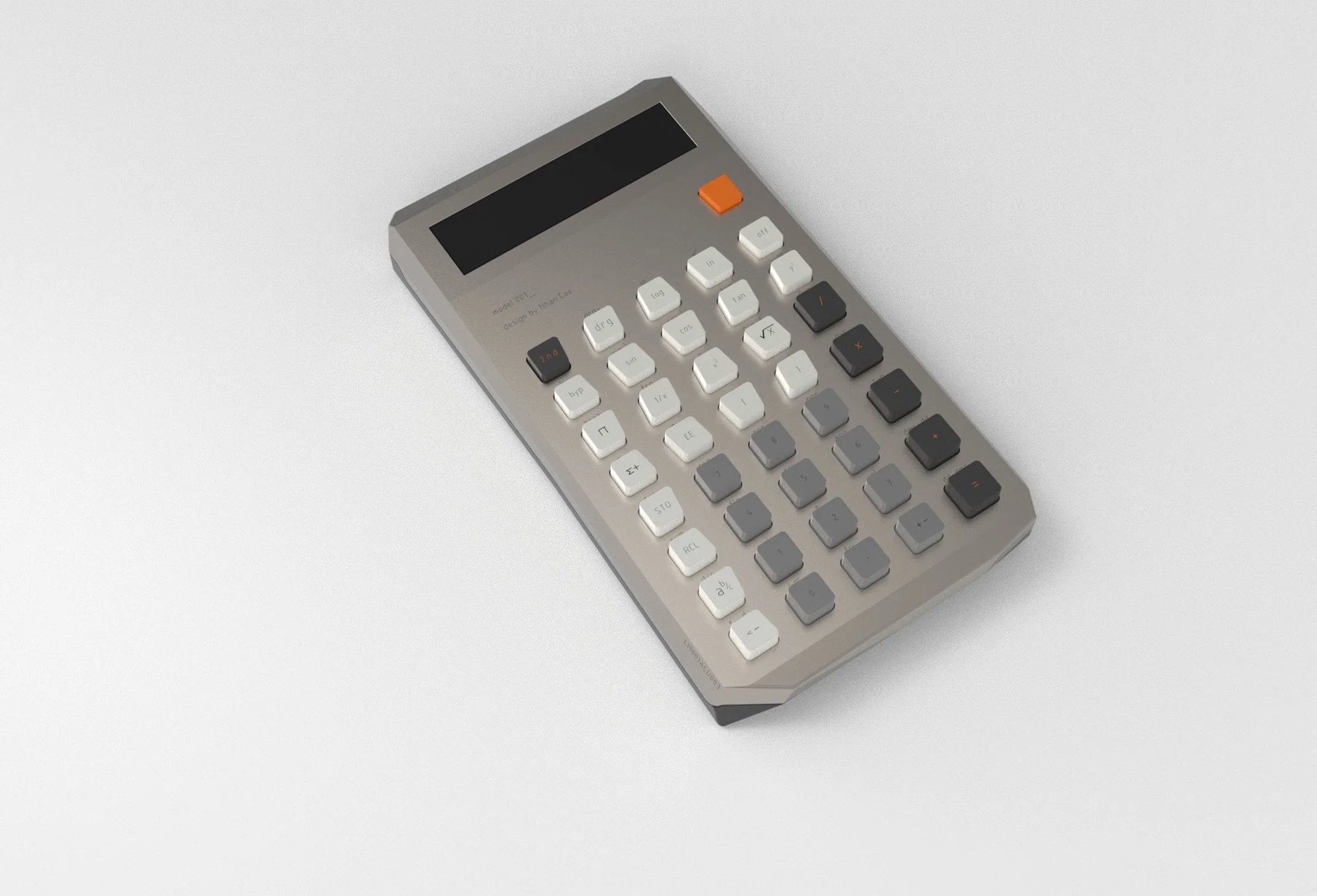 Calculator design with geometric metal case, angle buttons layout and color inspired by the design philosophy of CWT and Dieter Rams