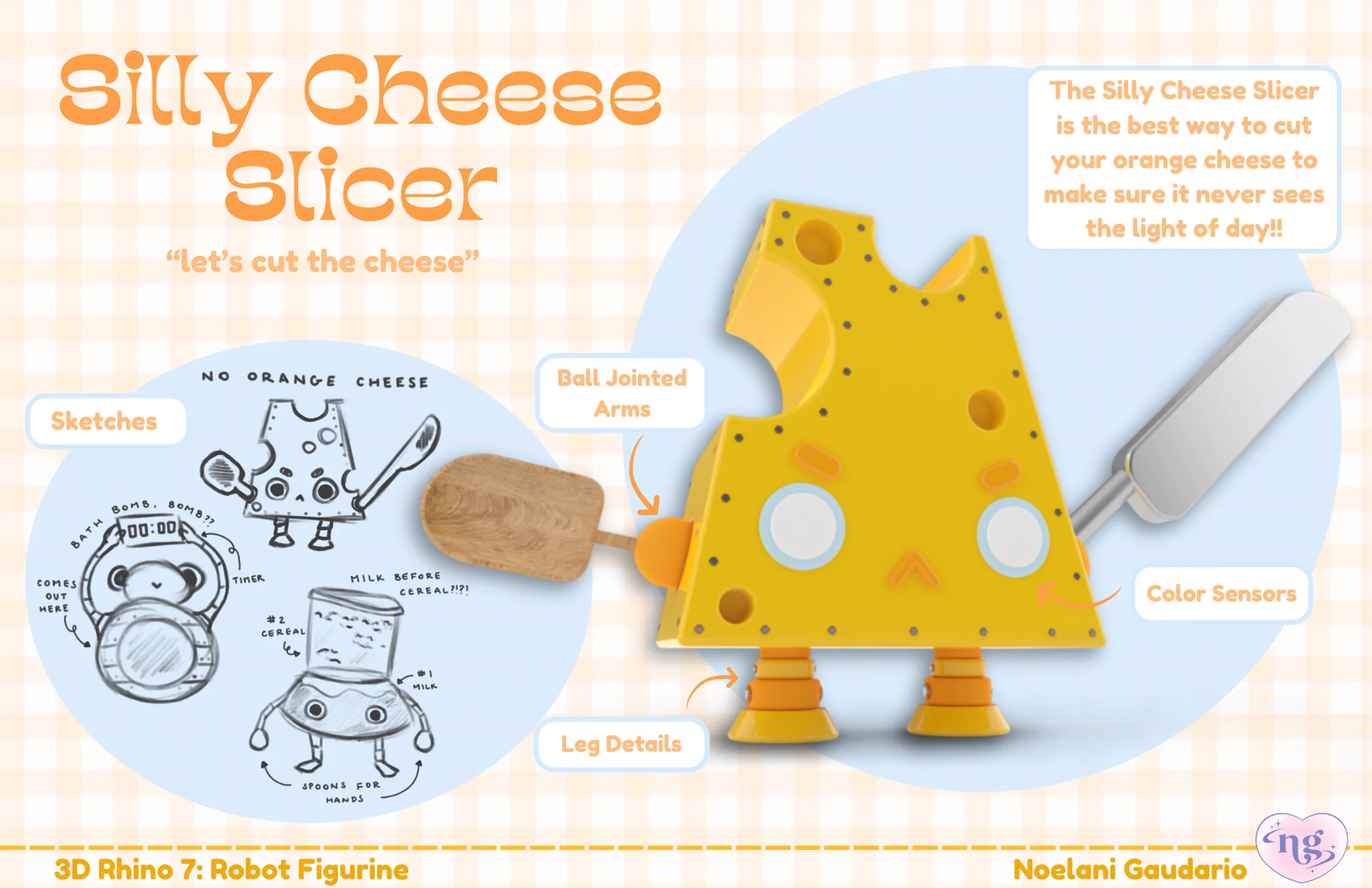 A toy design concept with of a cute cheese with a knife and a cutting board.