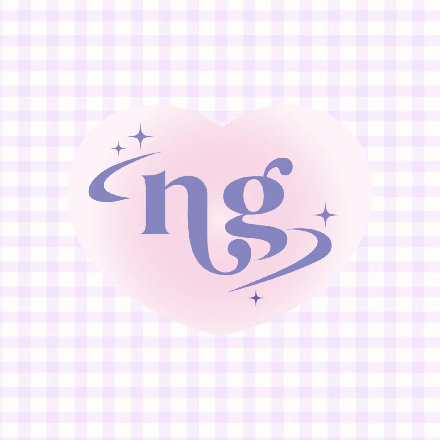 A heart in the middle of the image with a pink radial gradient. In the middle has the artist's initials "NG" with swirls and stars surrounding it and in the background there is a light purple gingham print.
