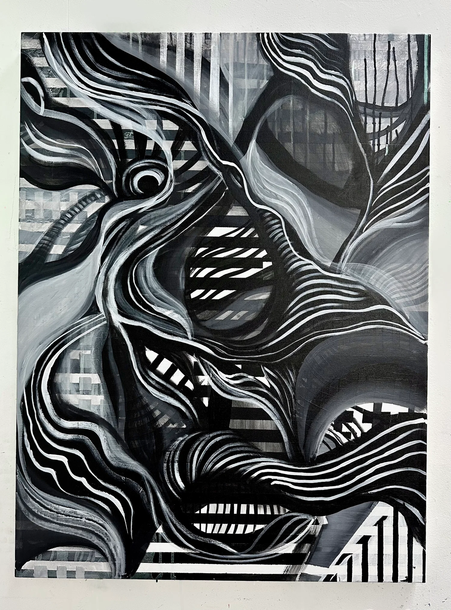 This is a piece painted with only black and white acrylic paint. It is an abstracted composition made with straight lines contrasted by softer, curved lines and larger greytoned shapes.