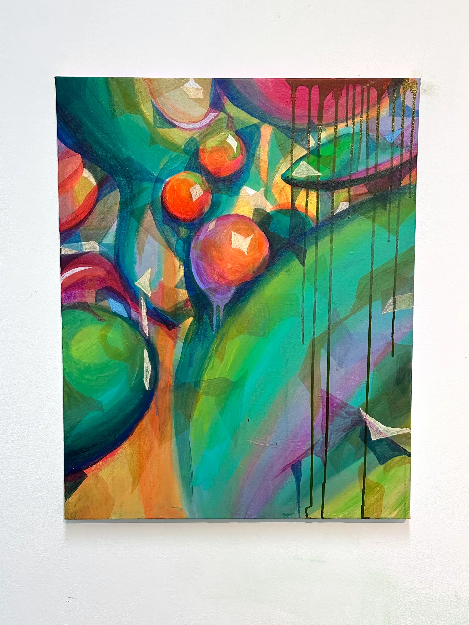 This painting has strong colorful shapes layered with smaller, transparent shapes to create an illusion of depth. The larger shapes are mostly rounded, while the transparent shapes have more jagged edges.