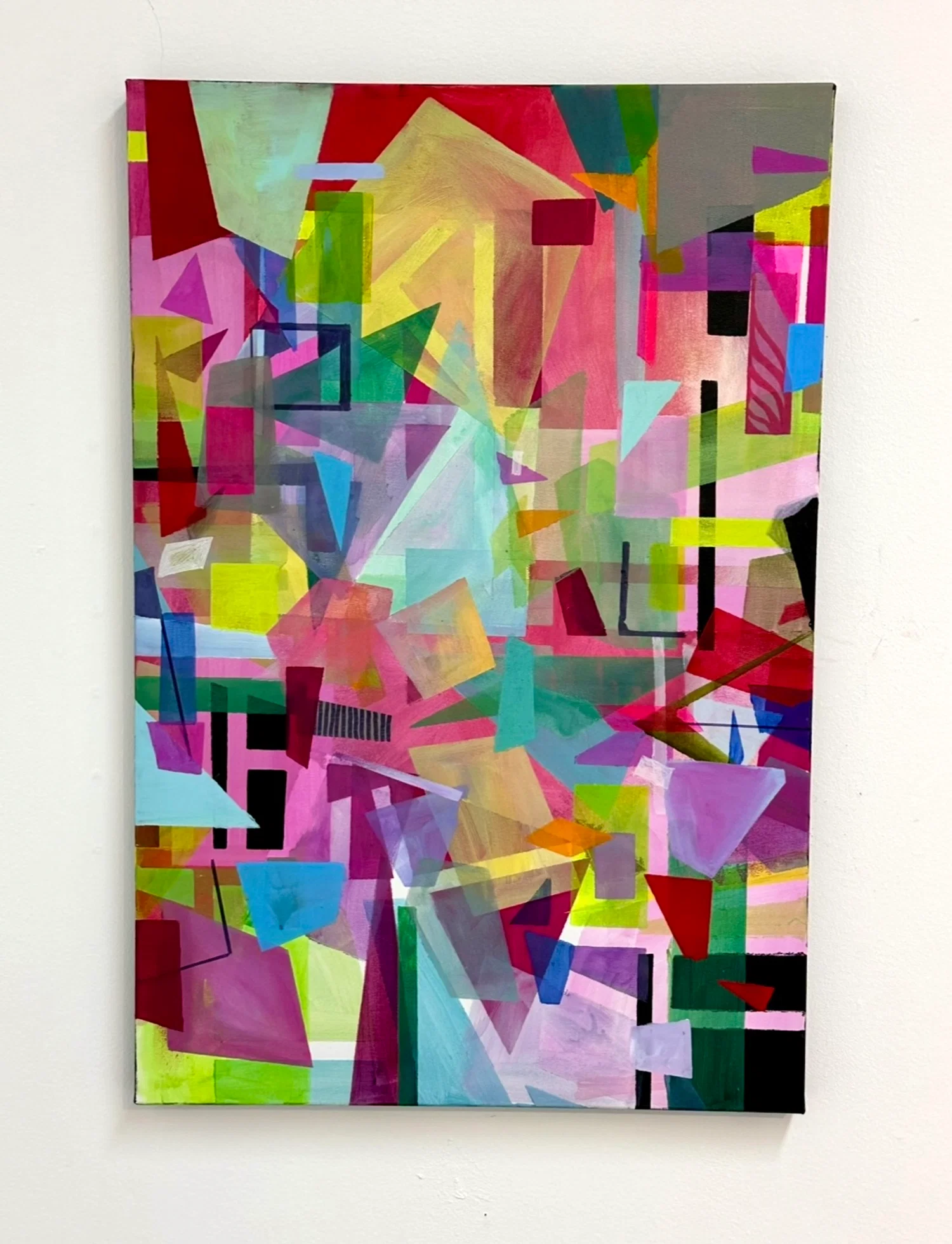 An acrylic multi-colored painting depicting transparent shapes built upon each other in multiple layers.