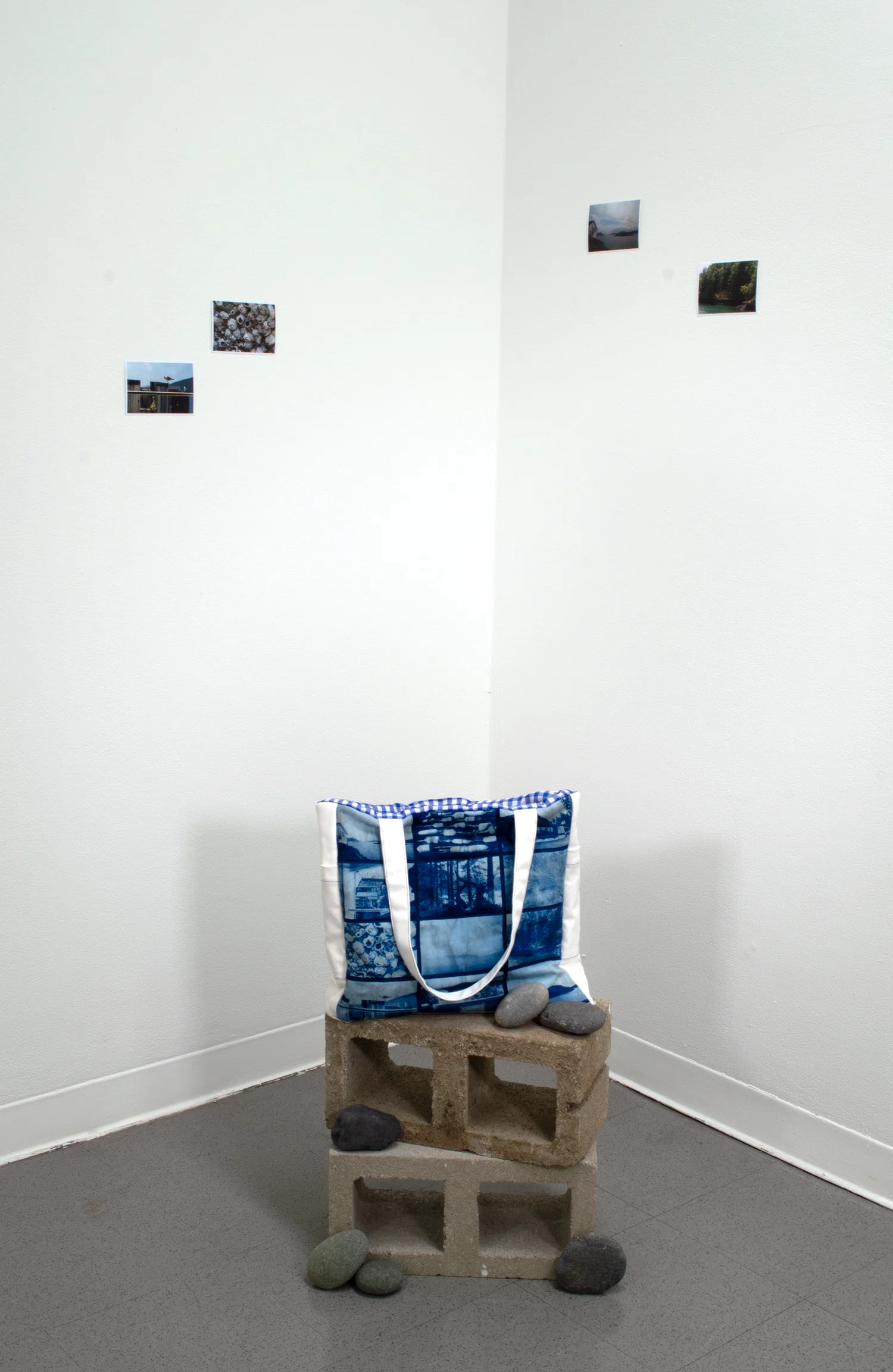Cyanotype prints constructed into a tote bag sitting atop cinder blocks accompanied by post card-like photos on the walls.