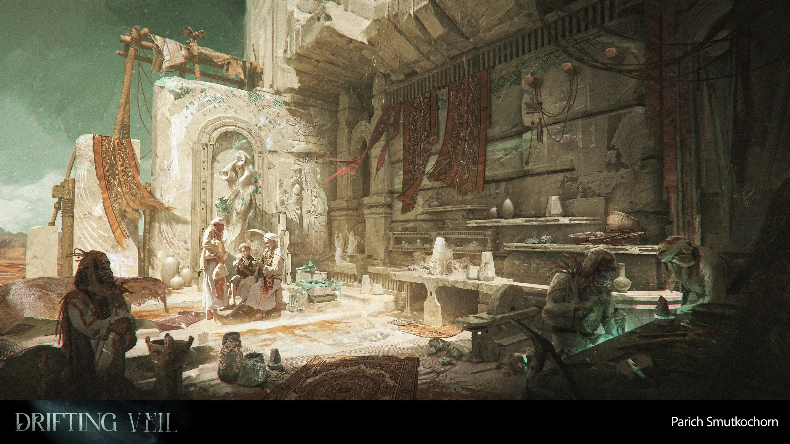 Environment concept art for an artisan workshop set in the desert. This space is used for sculpting statues, pottery, artifacts.
