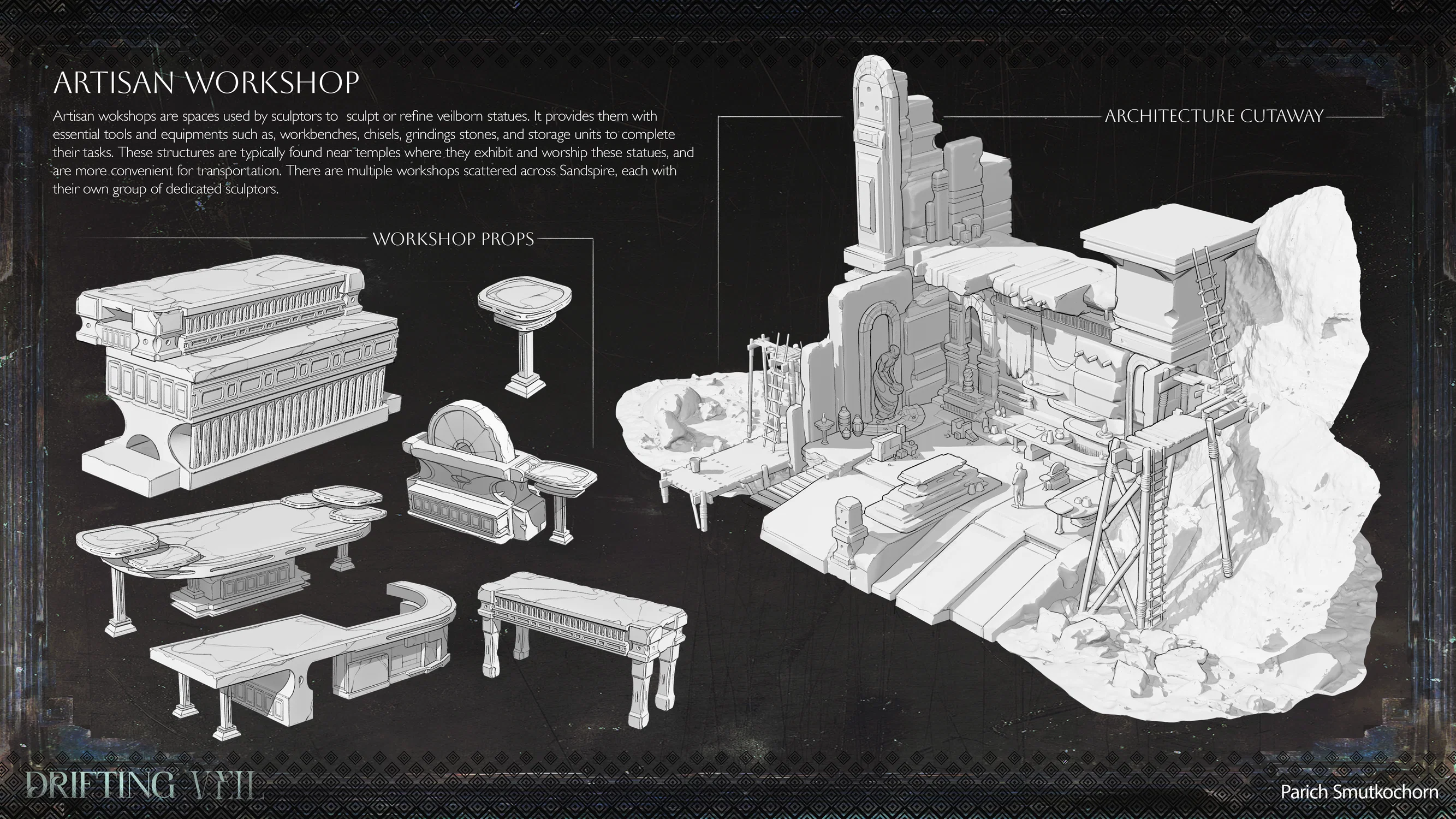 A bird's eye view layout sketch of the Artisan Workshop which includes environmental prop sketches.
