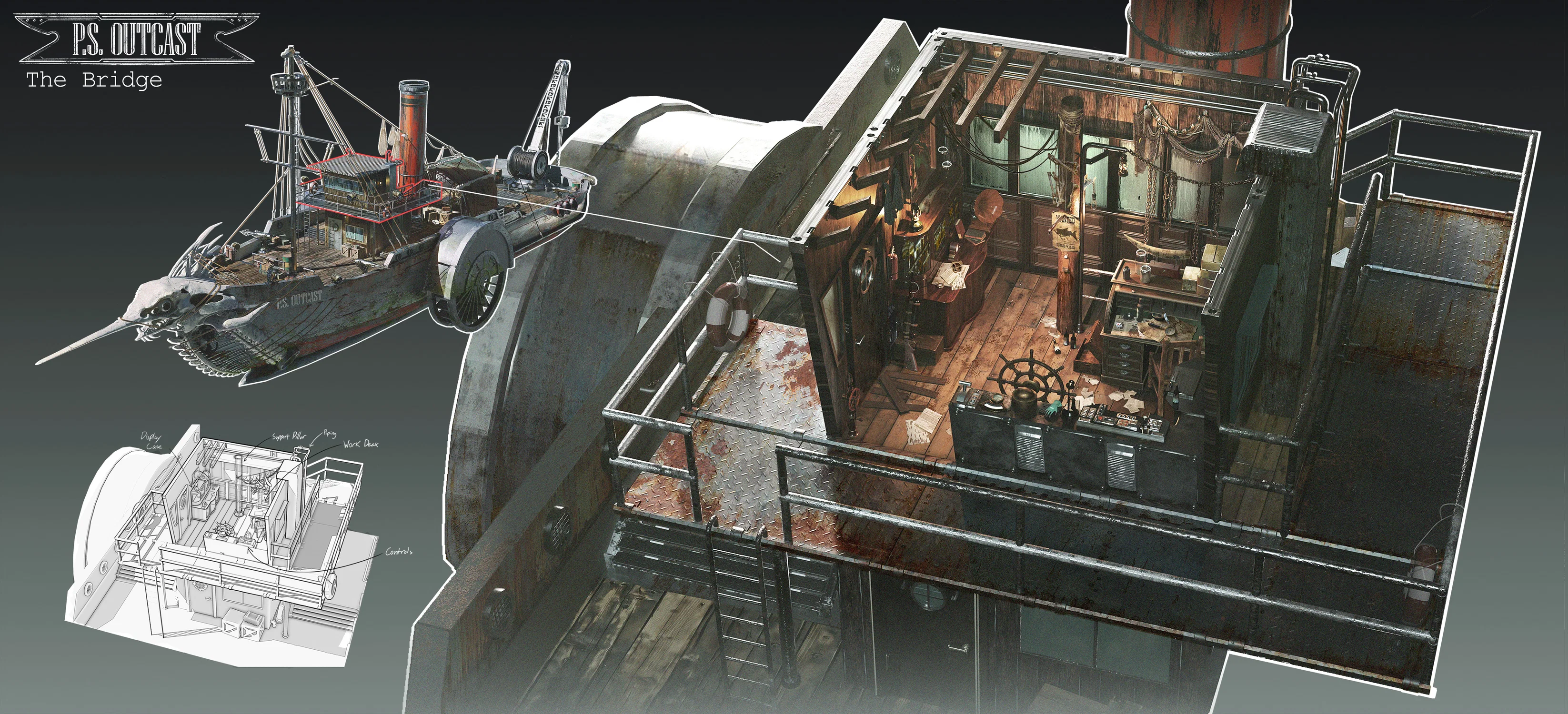 The Outcast Steamboat bridge interior cutaway