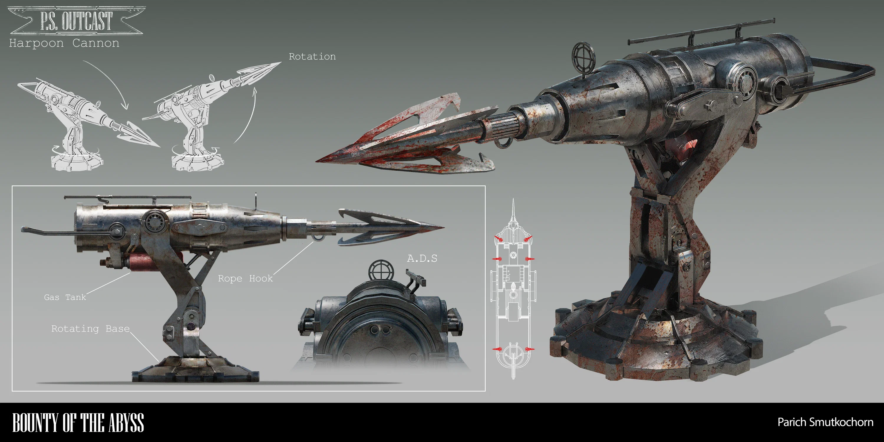 The Outcast Steamboat harpoon cannon concept design