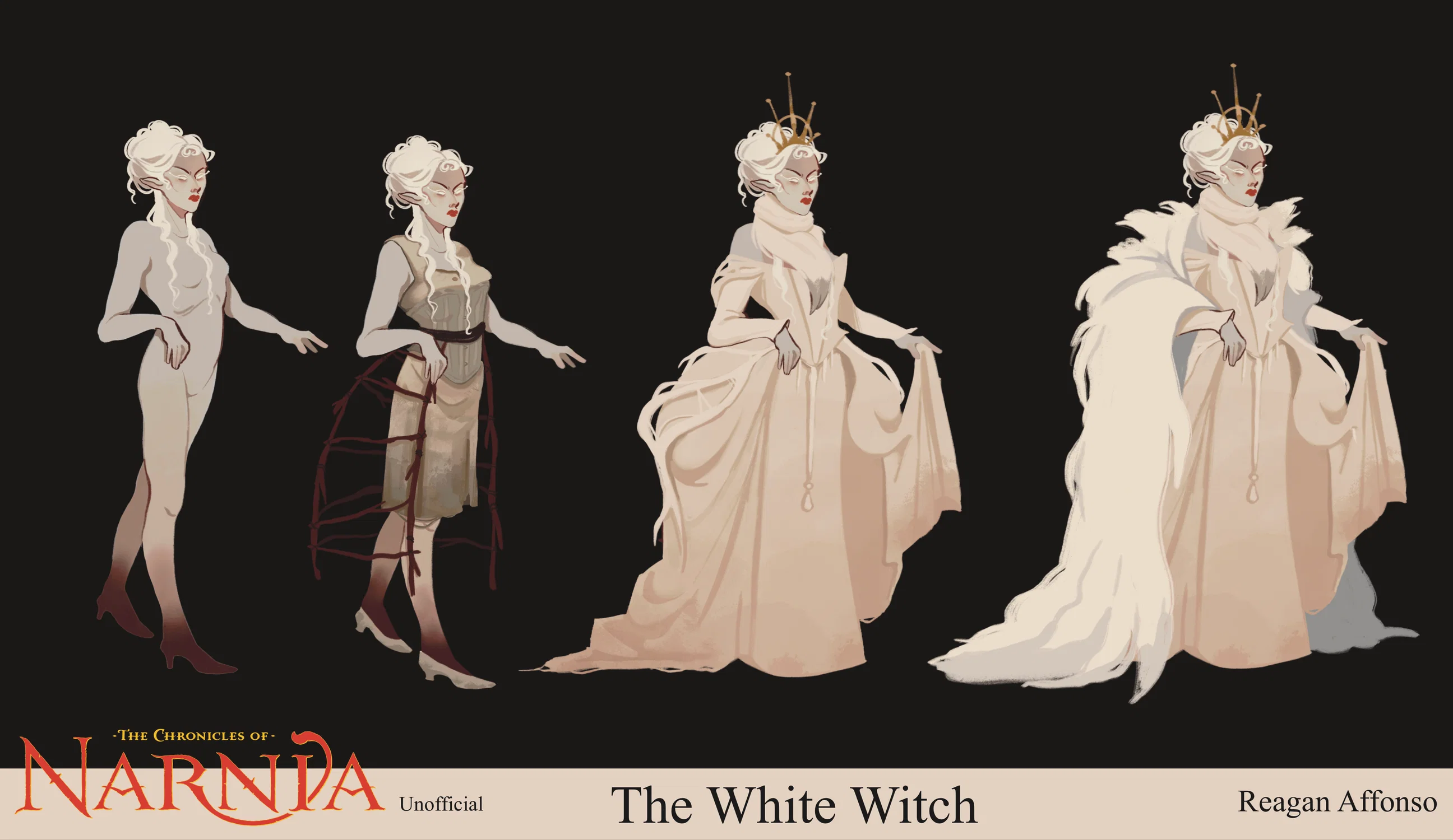 A character design of the White Witch from the book series Narnia. There are four figures, showing each layer of her clothing; her worn chemise, a worn corset and a hoop made of branches, her extravagant white gown and gold crown, and the last in a massive white fur coat.