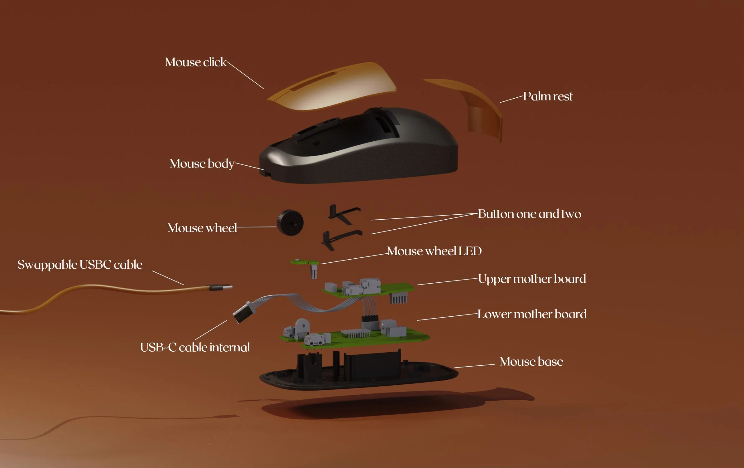 exploded view of mouse showing all the internals layered between button clicks and outside housing.