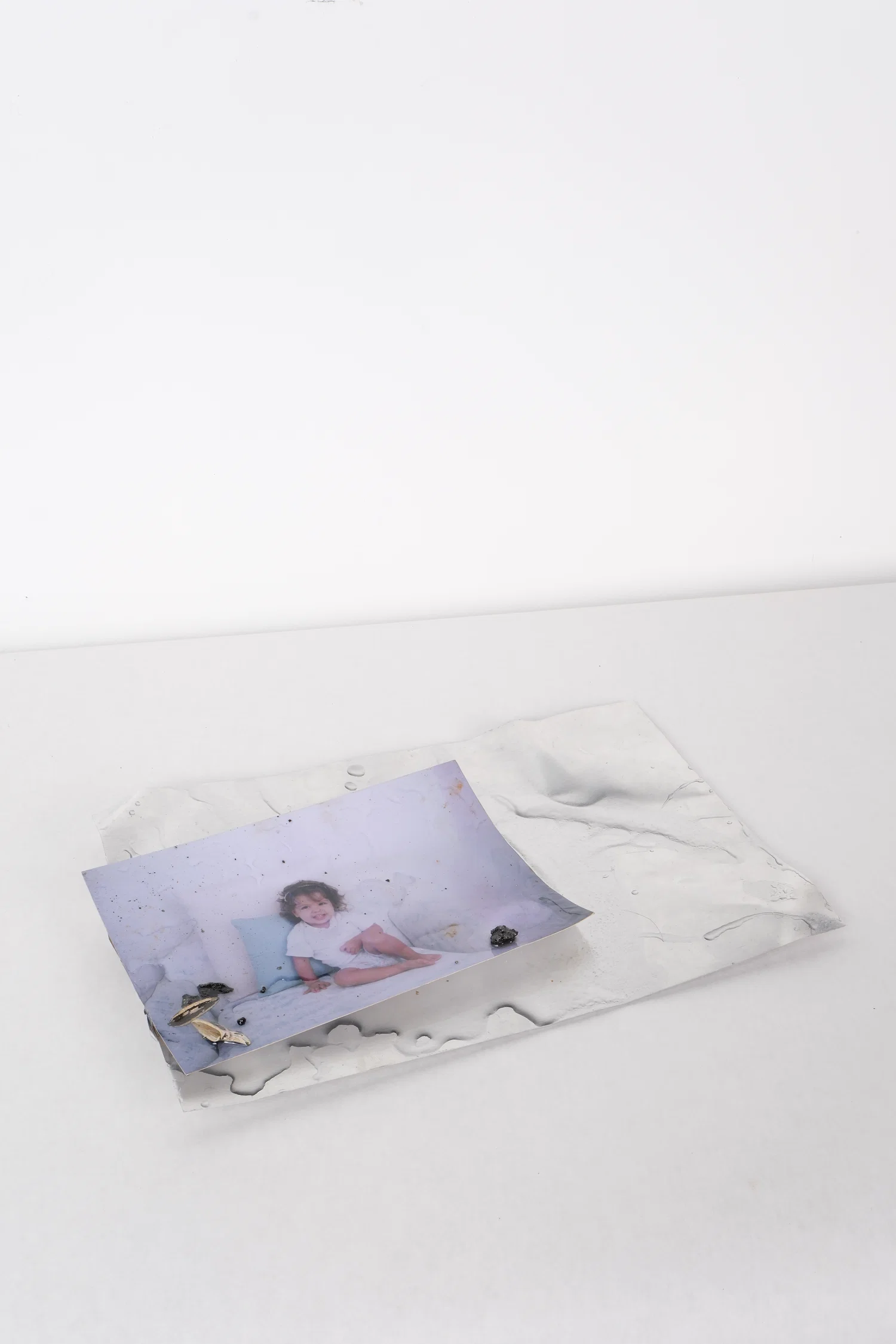 photograph on aluminum flashing coated in resin with debris