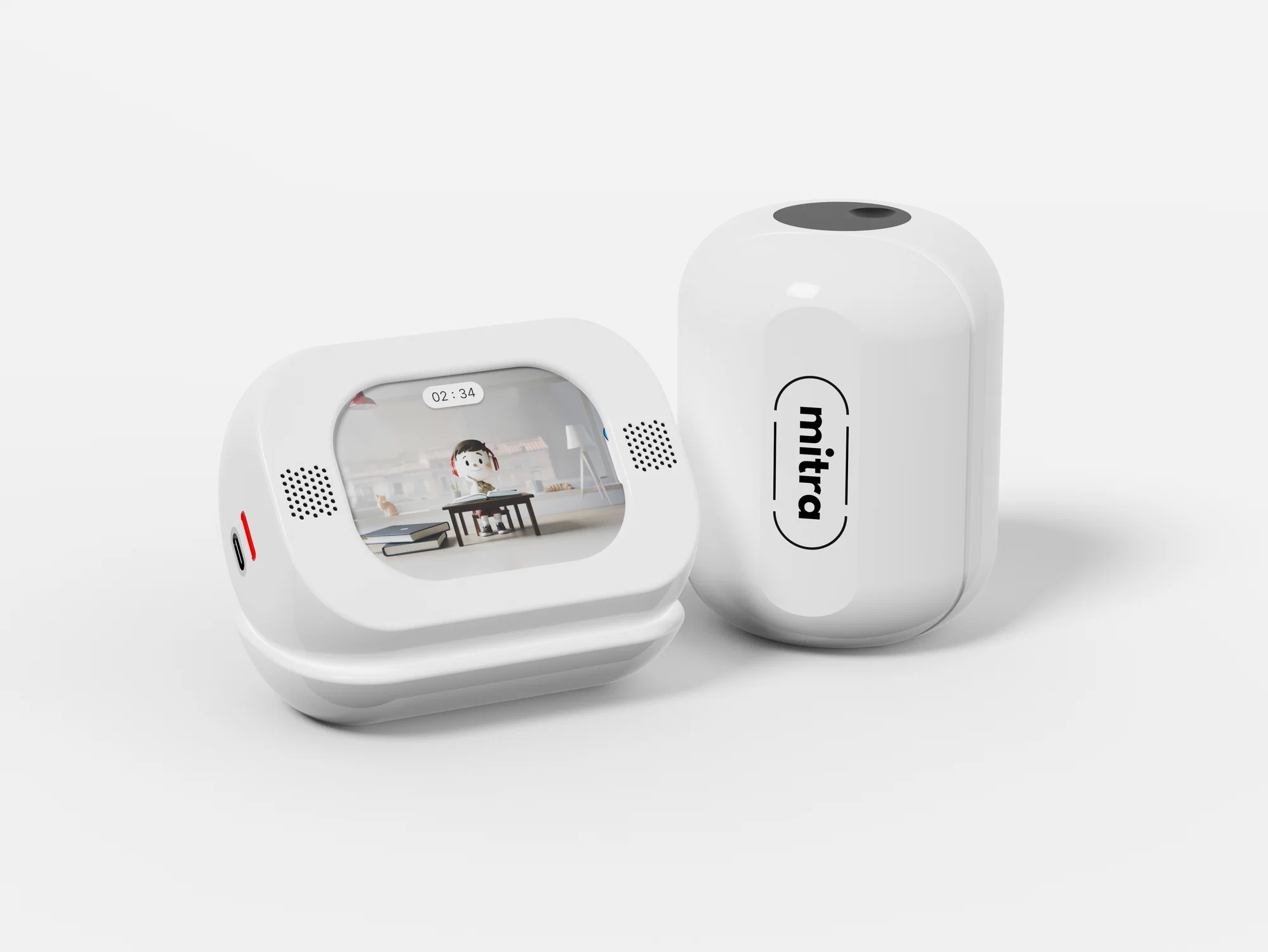 Mitra, a small digital friend displayed on a compact screen, surrounded by collectible items in a cozy, illustrated environment that reflects user progress.