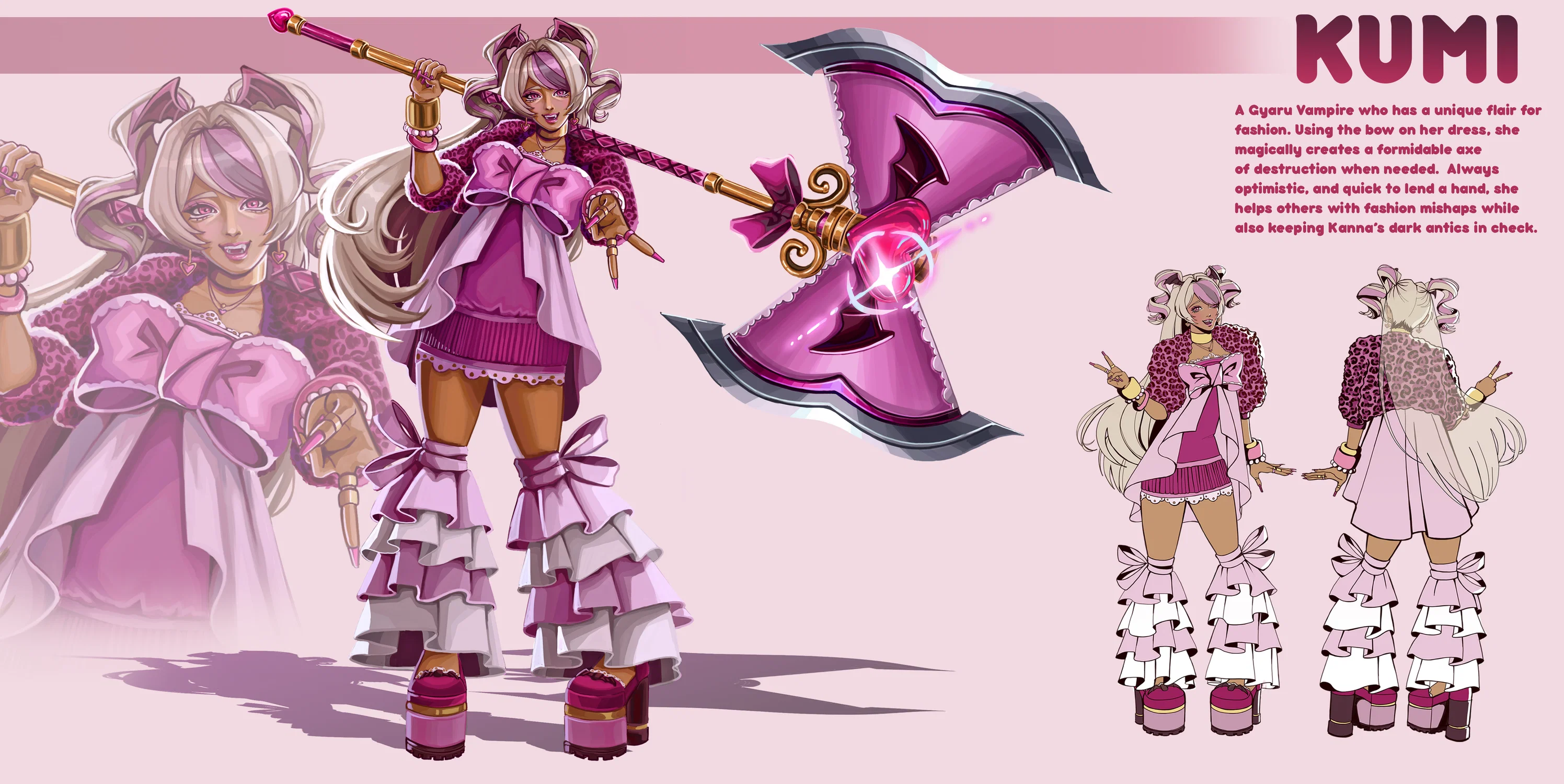 Character concept sheet of Kumi, a gyaru vampire