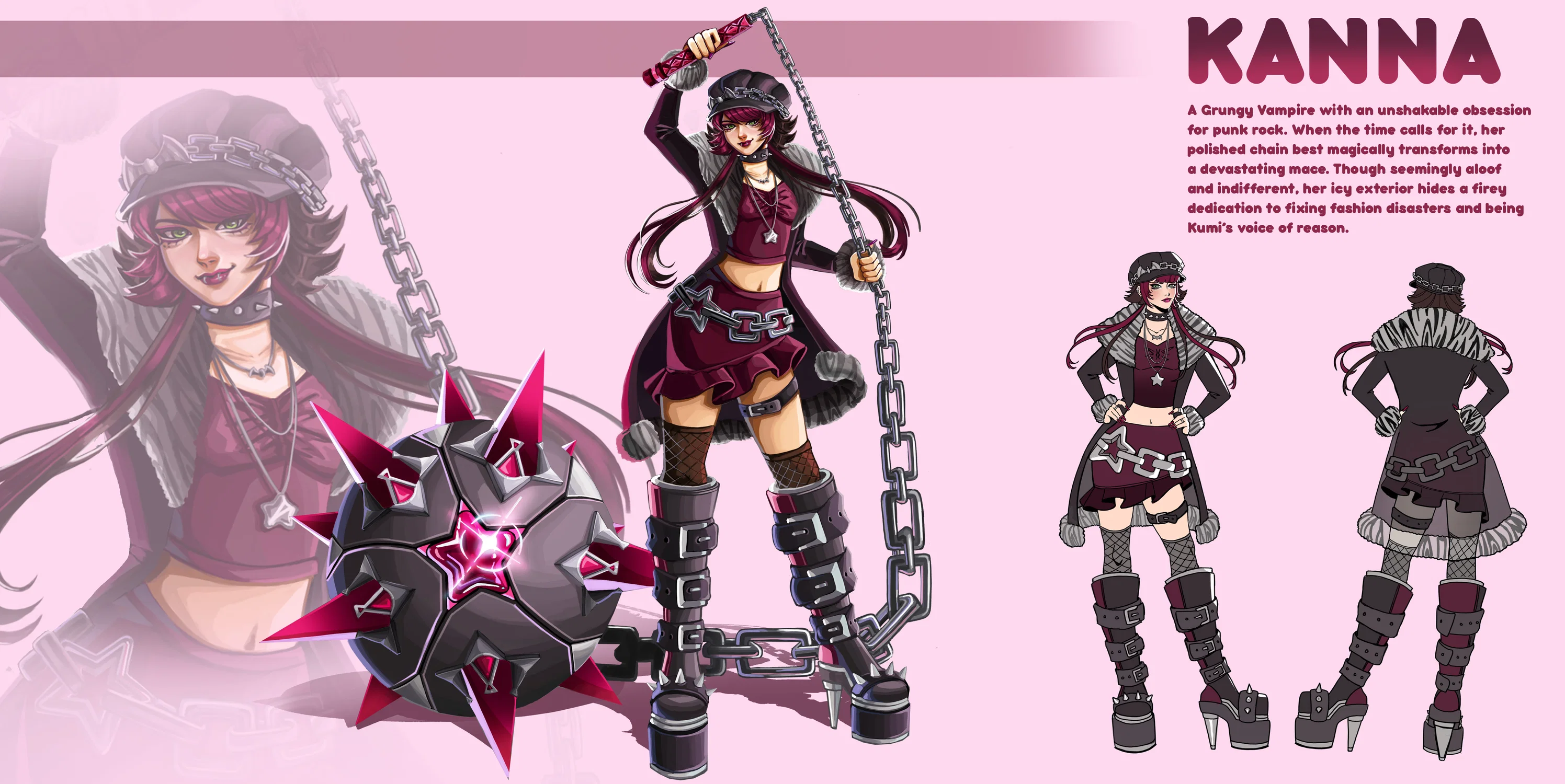 A Character Concept sheet of Kanna, a Y2K punk rock vampire that defeats fashion disasters with her magical mace.