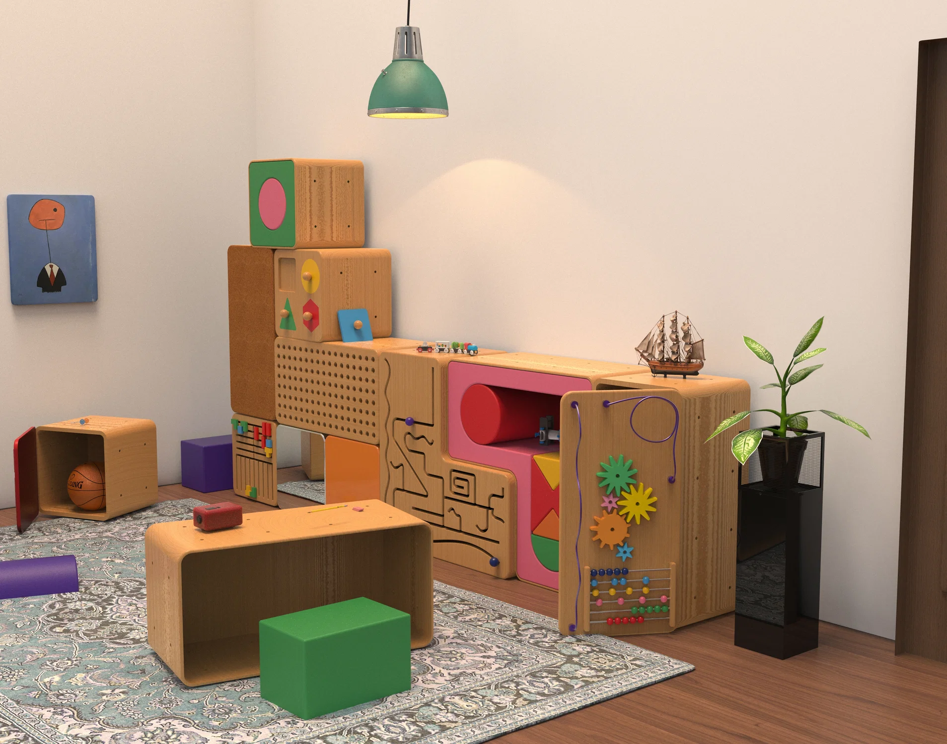 A digital rendering of the Ludica interactive storage system displayed in a modern living room. Showing their playful shapes and interactive elements. The scene suggests a tidy, child-friendly space designed for both organization and creativity. No people are present in the image.