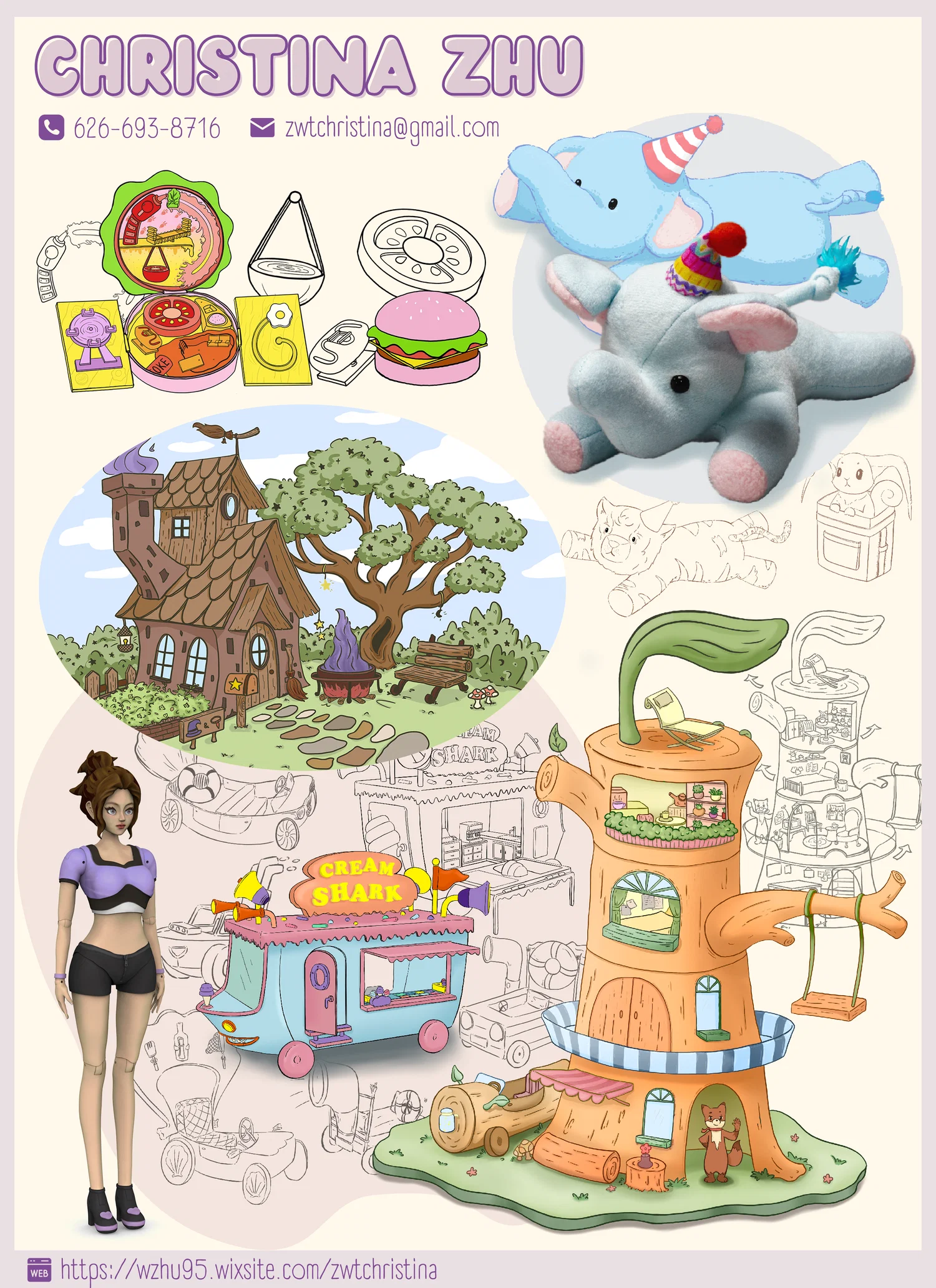 A colorful promo sheet by Christina Zhu featuring playful toy designs, including a plush elephant, illustrated playsets, a fantasy treehouse, a whimsical ice cream truck, and a stylized character doll.