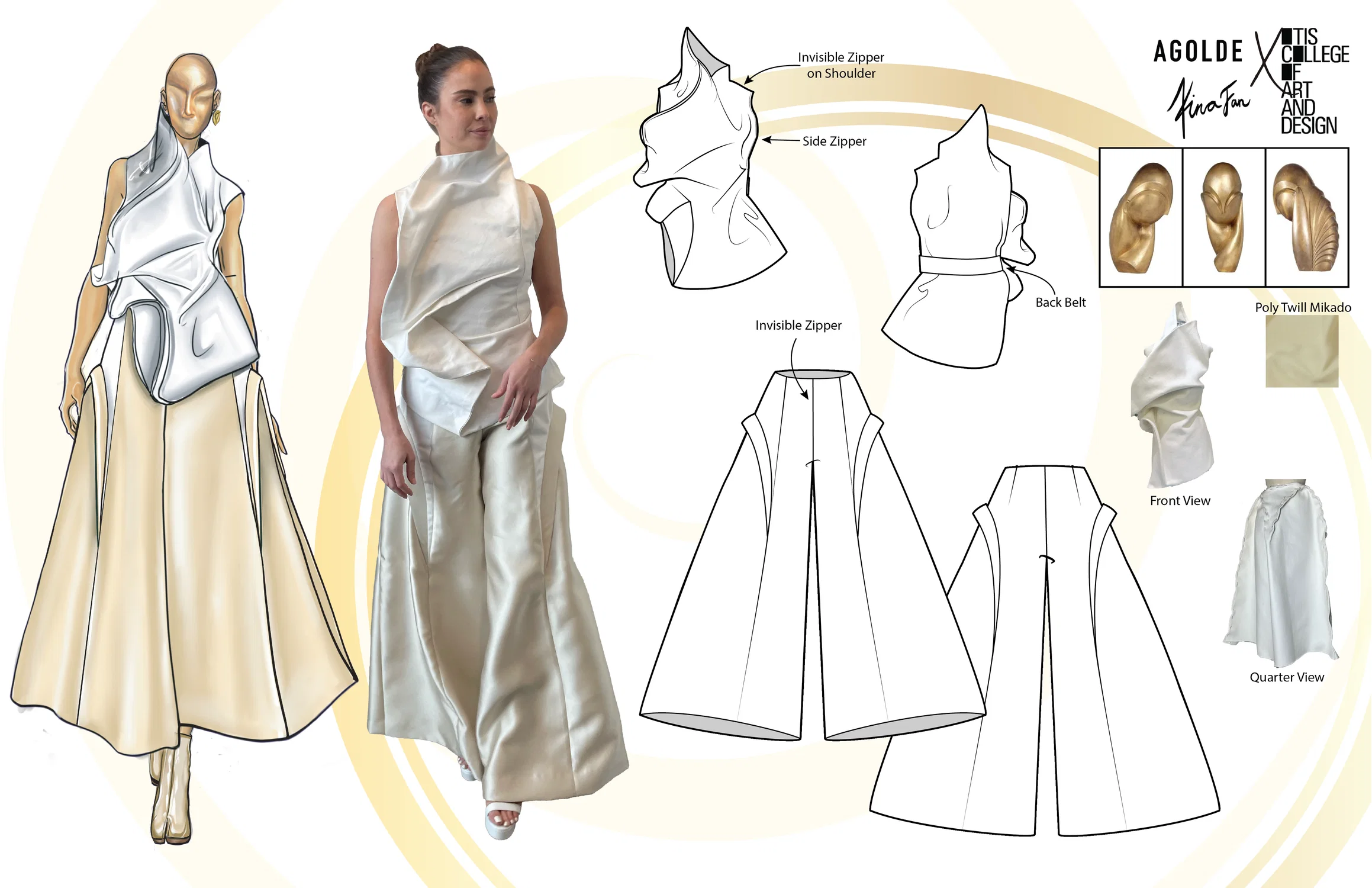This presentation board showcases a sculptural garment by Kina Fan for the AGOLDE x Otis College collaboration. The look features a dramatic, asymmetrical top with structured draping in white twill, fastened with invisible zippers and a back belt for support. Paired with high-waisted, wide-leg trousers that echo the top’s volume, the design explores movement and form. Inspired by the abstract, minimalist sculptures of Constantin Brancusi, this piece merges fluidity with balance. The board includes a fashion illustration, technical flats, fabric swatches, inspiration imagery, and photos of the finished garment worn by a model, all set against a cream and gold background.