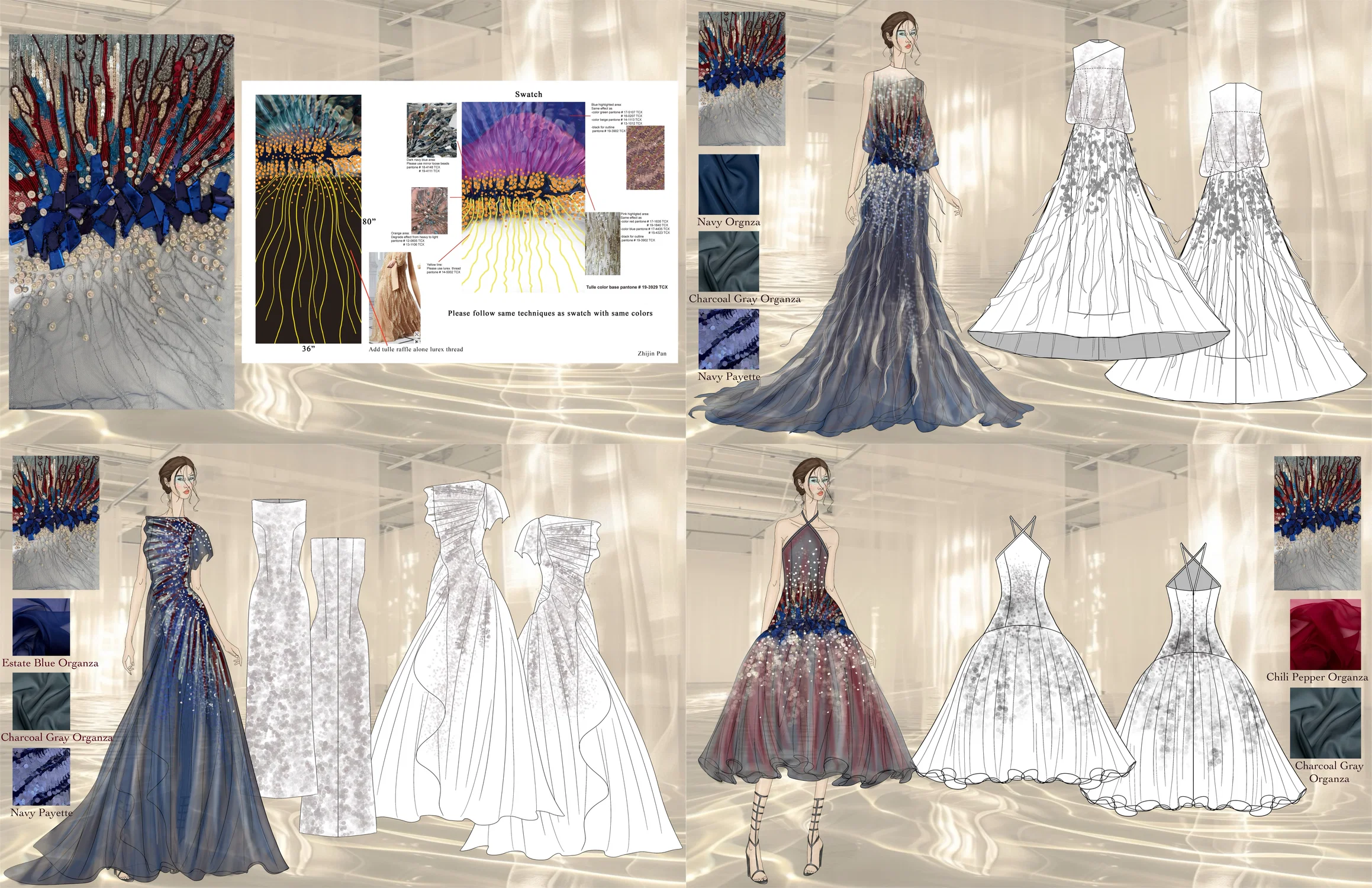 The collection highlights an intricately designed beading panel, used as a foundation to construct voluminous, ethereal gowns