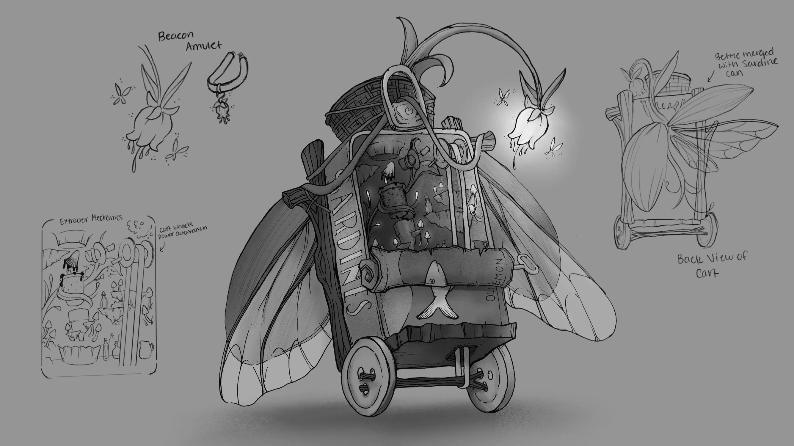 Greyscale fairy cart prop concept design; sketched and lined traditionally, rendered in Adobe Photoshop