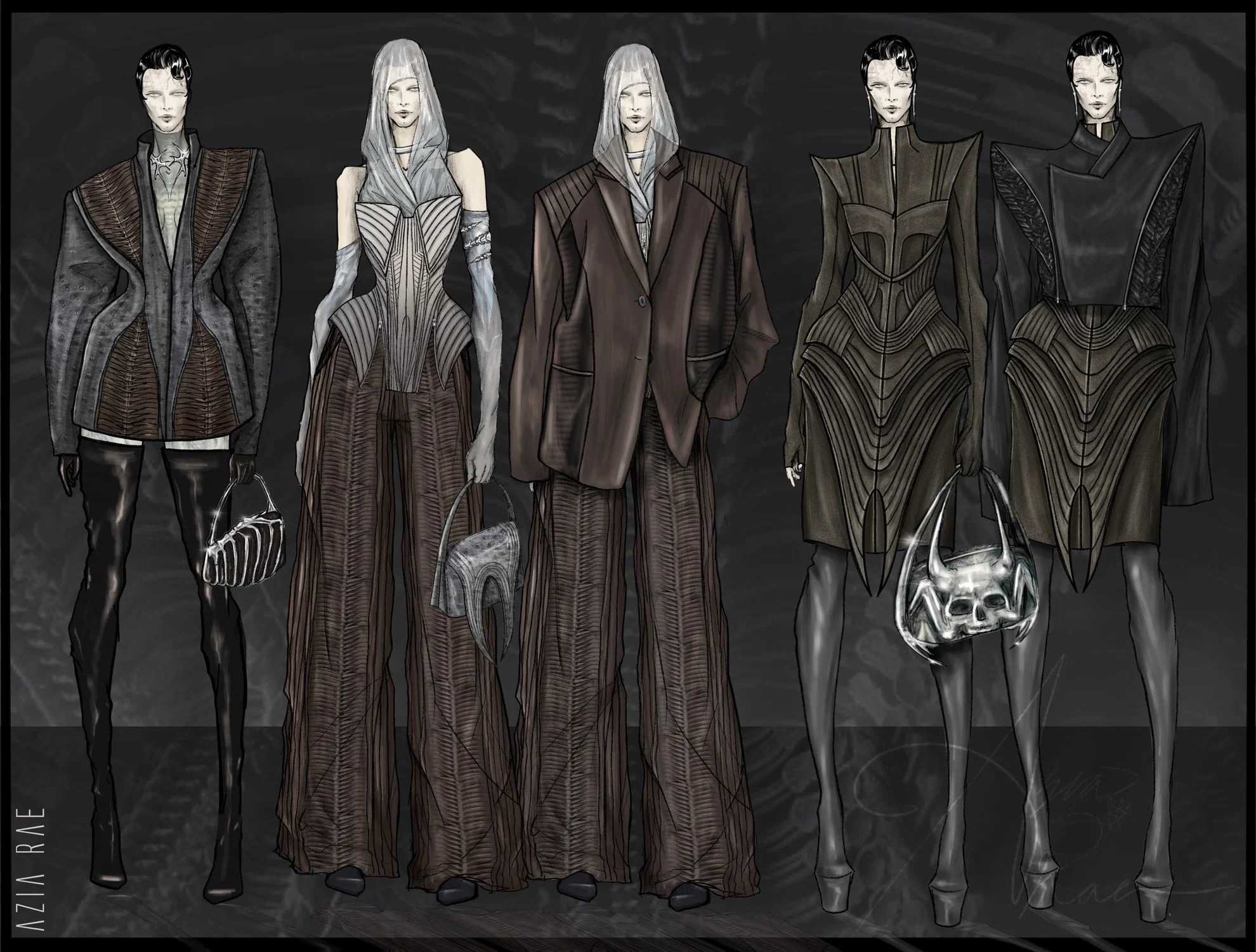 Line-up of fashion illustrations inspired by H.R. Giger's work.