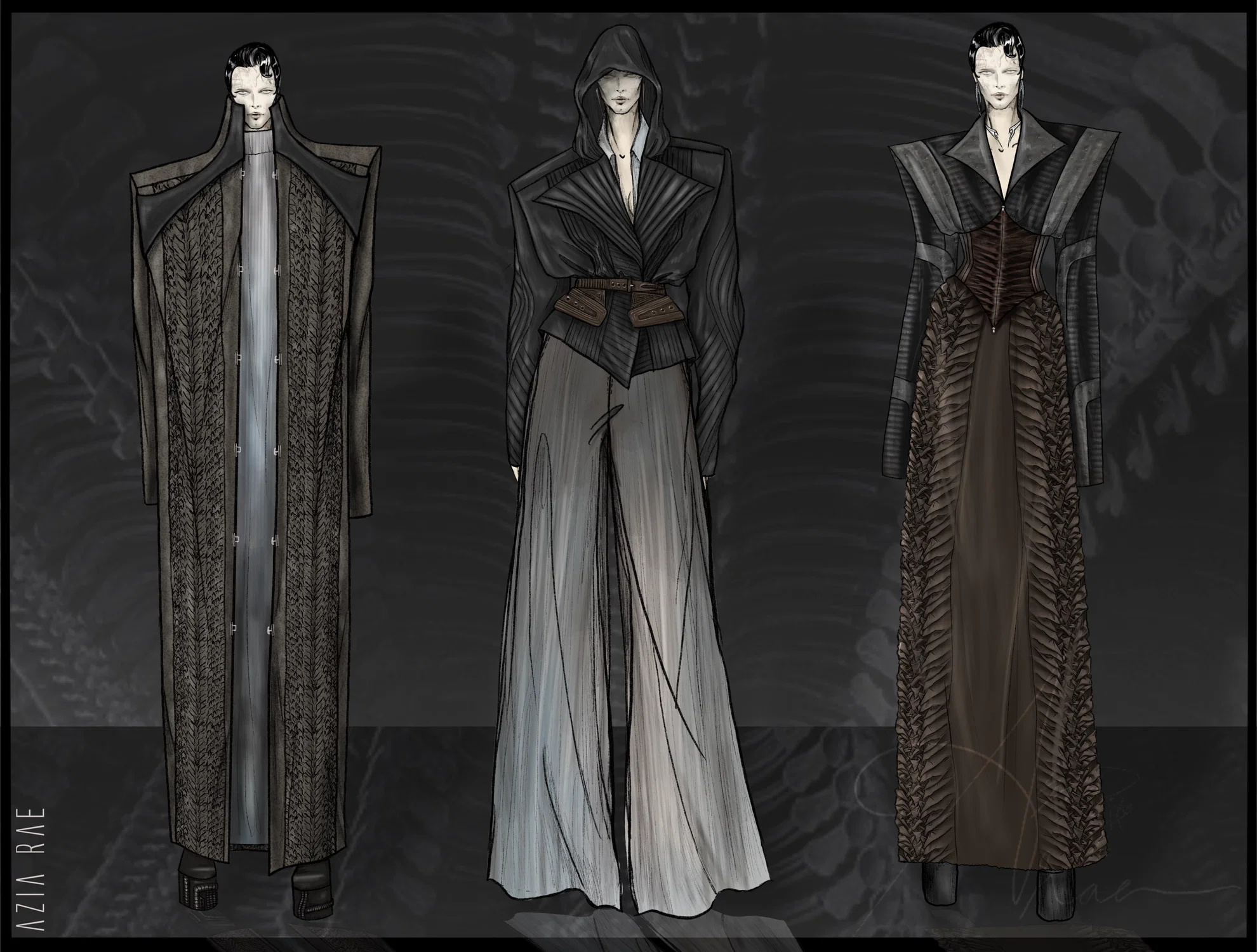 Lineup of fashion illustrations inspired by HR Giger's work.