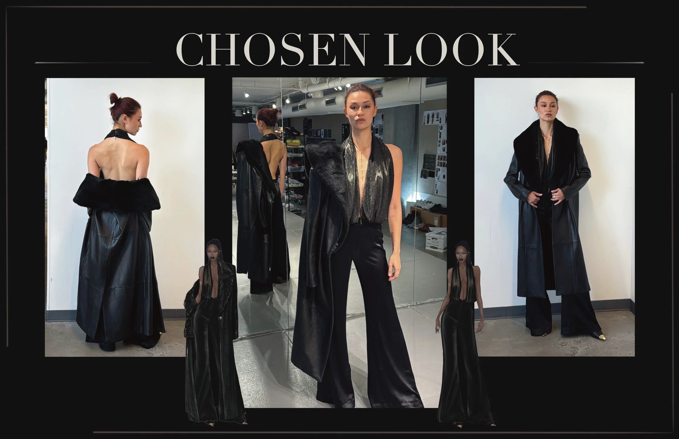 All black outfit: black and gold jumpsuit with a deep plunge and a lambskin and sheepskin coat.