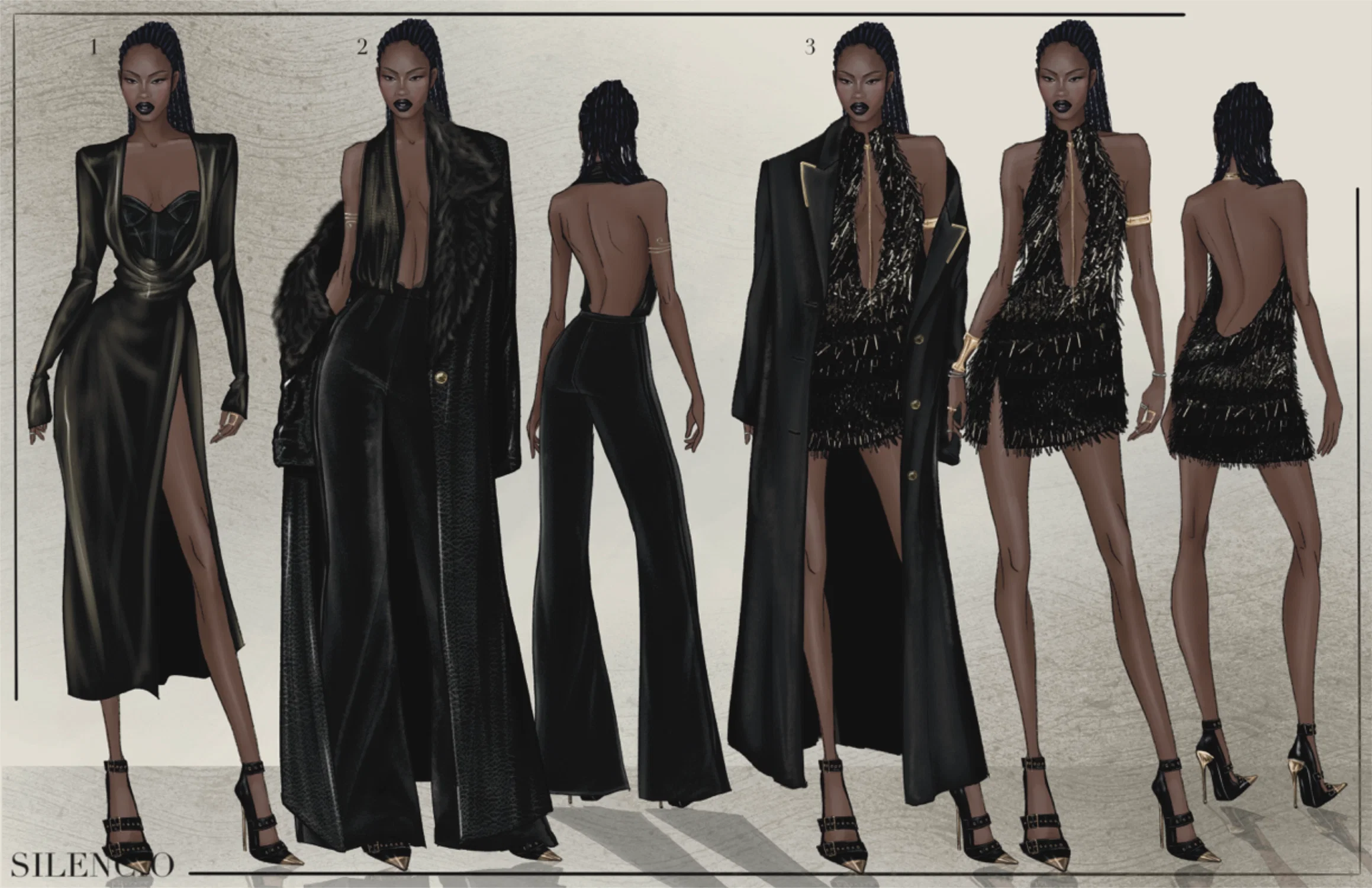 Lineup of A/W black and gold cocktail looks.