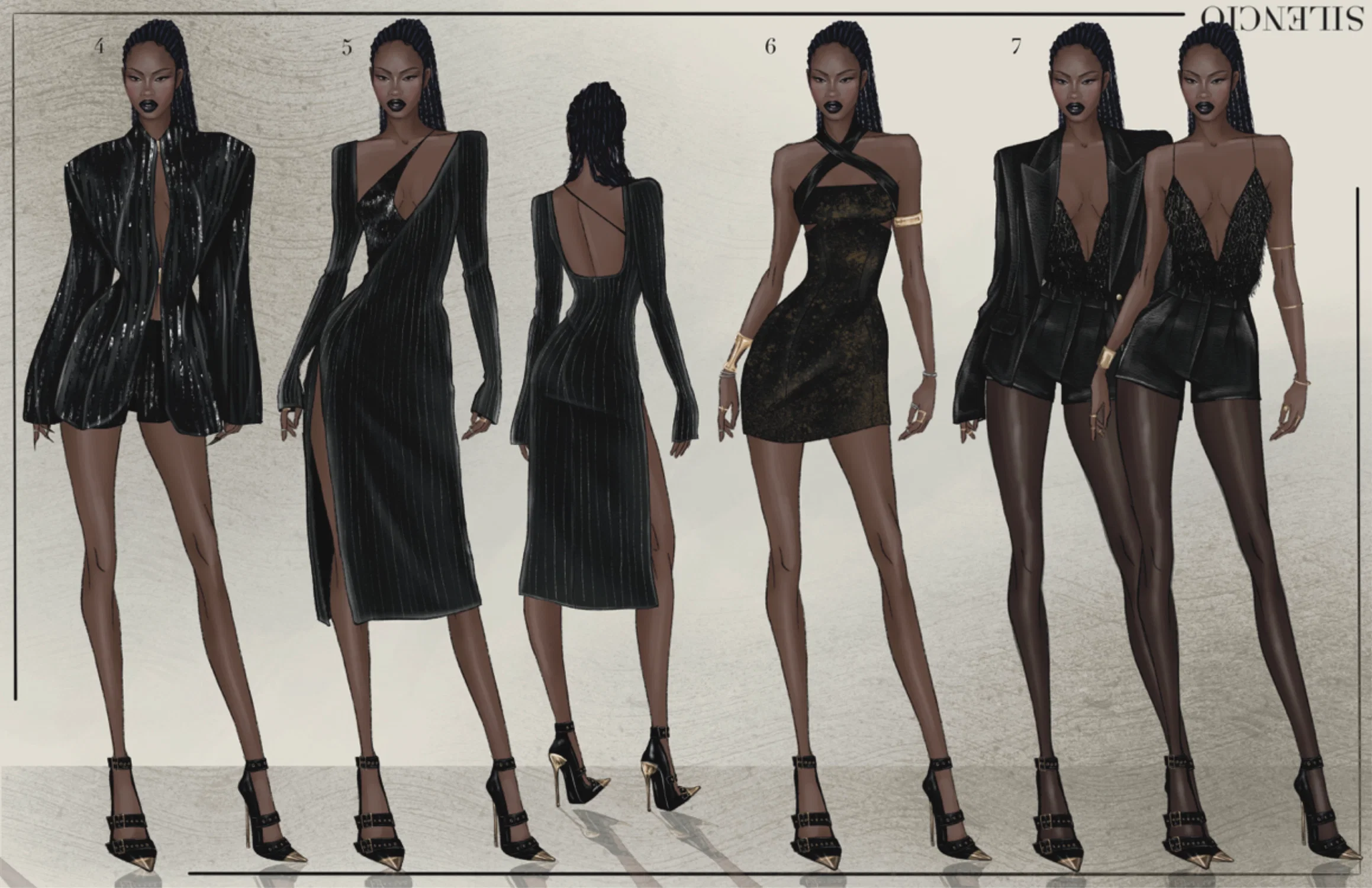 Lineup of A/W black and gold cocktail looks.