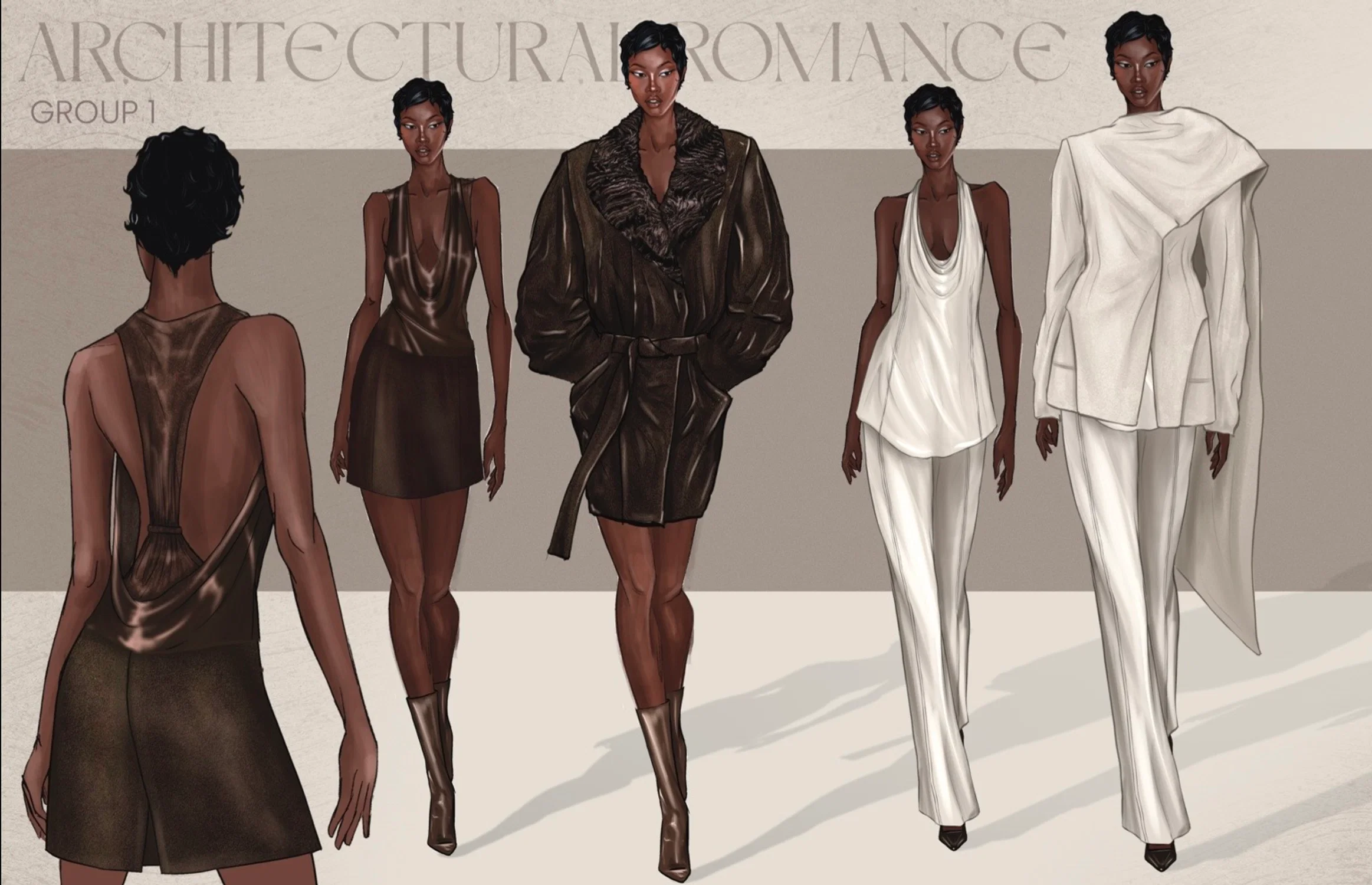 Line-up of fashion illustrations, brown and white titled Architectural Romance.