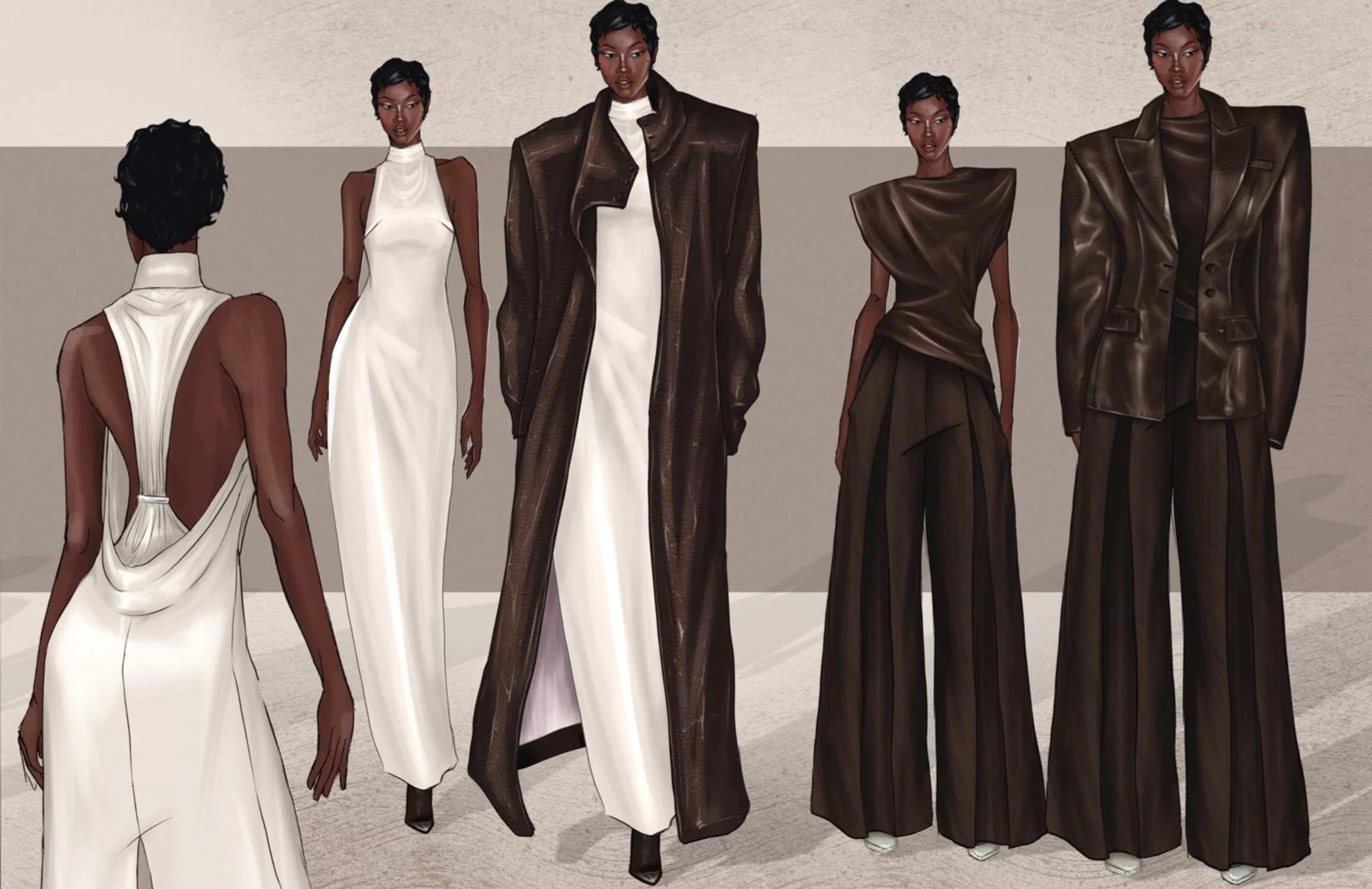 Line-up of fashion illustrations, brown and white titled Architectural Romance.