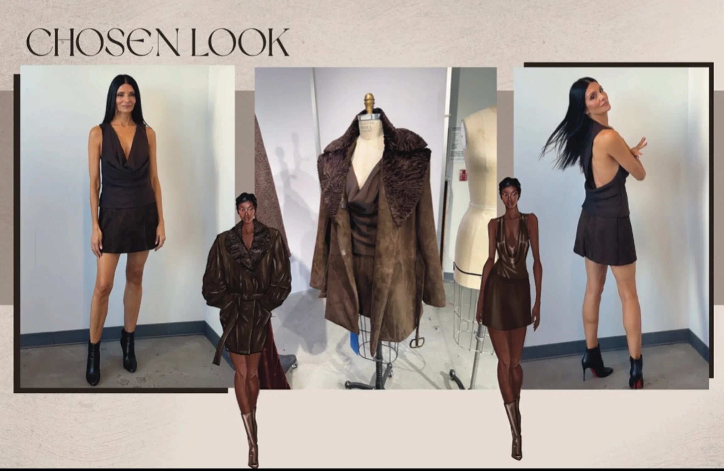 All brown outfit: real suede skirt and coat and draped chiffon layered cowl drape top.