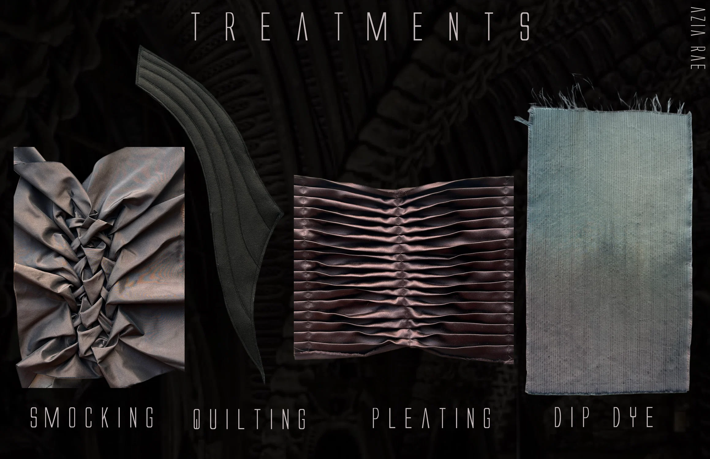 Fabric treatments including quilting, pleating, dip dying, and smocking for HR Giger inspired looks.