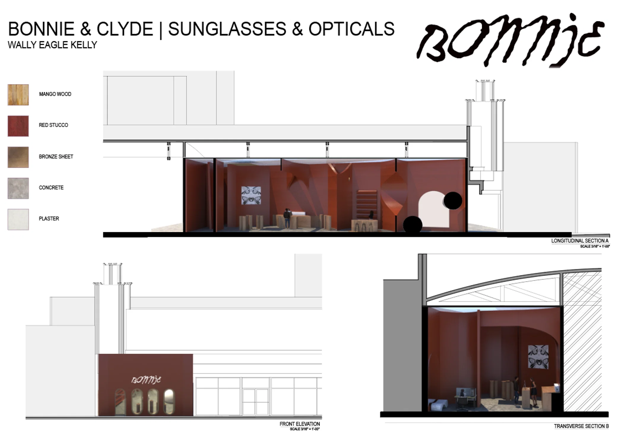 Glasses Shop Render and Sections for Interiors Based Studio, Fall 2024