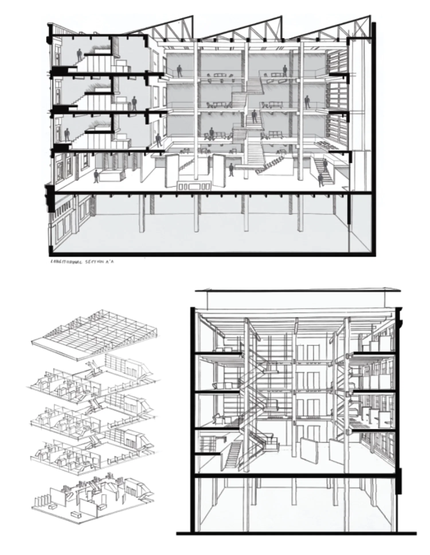 Hand Sketch Sections/Axonometric from 2025 Interior Architecture Studio