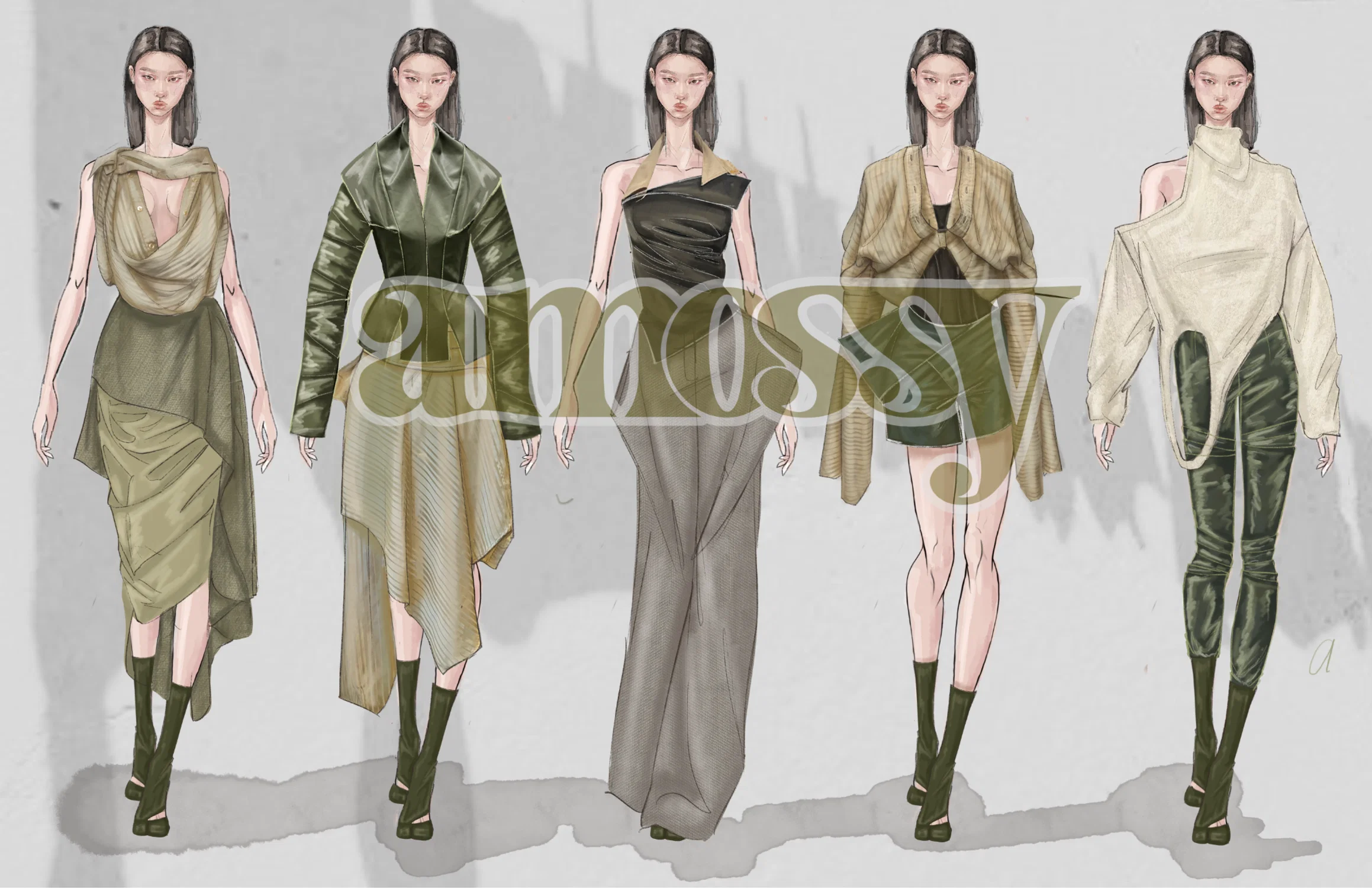 illustration of designs featuring upcycled leathers, knits, and other fabrics. Green and cream tones.